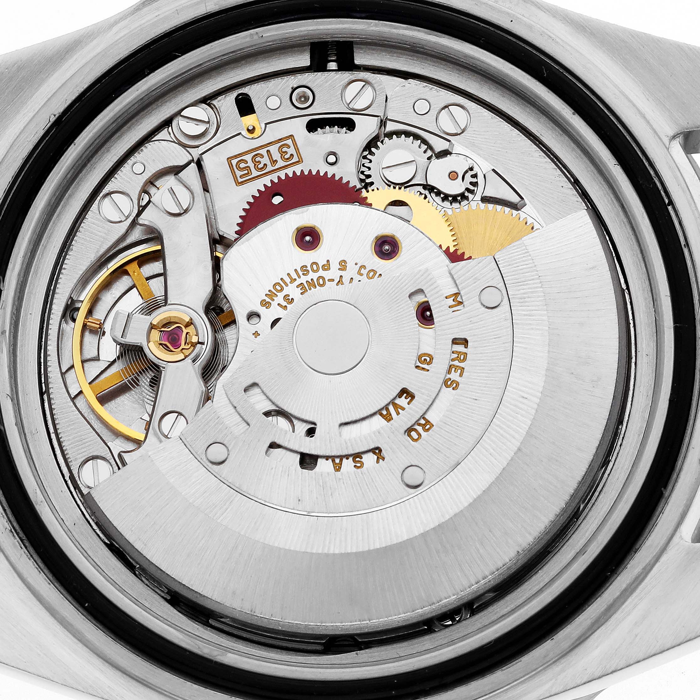 This is a close-up shot of the watch movement and internal mechanism of the Rolex Submariner 16610 Men's Stainless Steel Black Dial 16610 Men's Stainless Steel Black Dial.