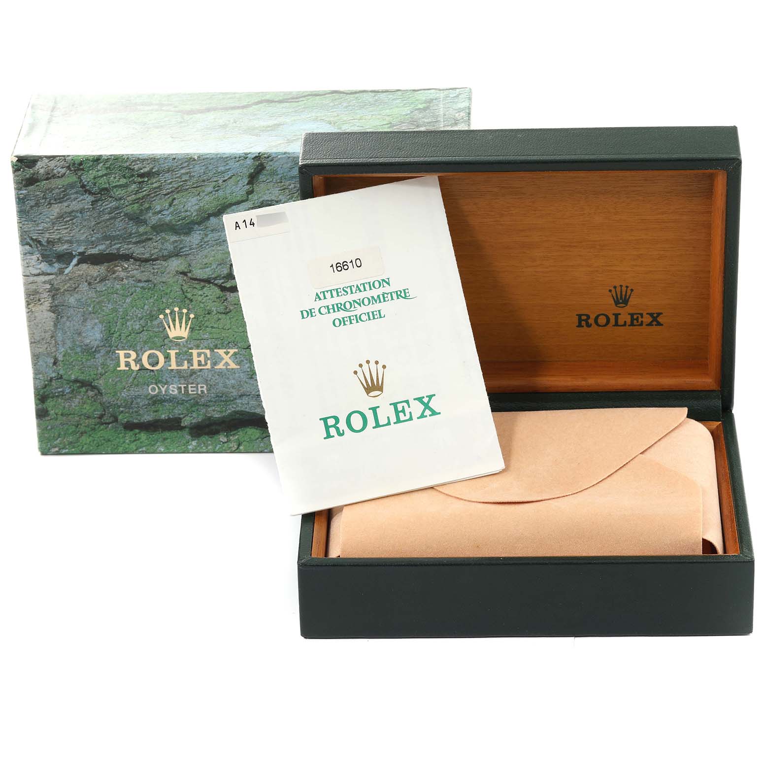 The image shows the packaging and official documentation of the Rolex Submariner 16610 Men's Stainless Steel Black Dial 16610 Men's Stainless Steel Black Dial, including the box and certificate.