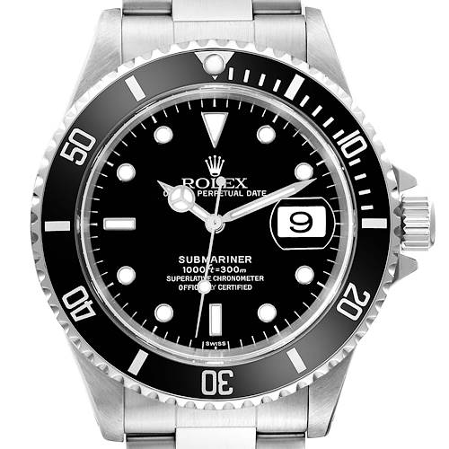 This image shows a front view of a Rolex Submariner, highlighting the dial, bezel, crown, and bracelet.