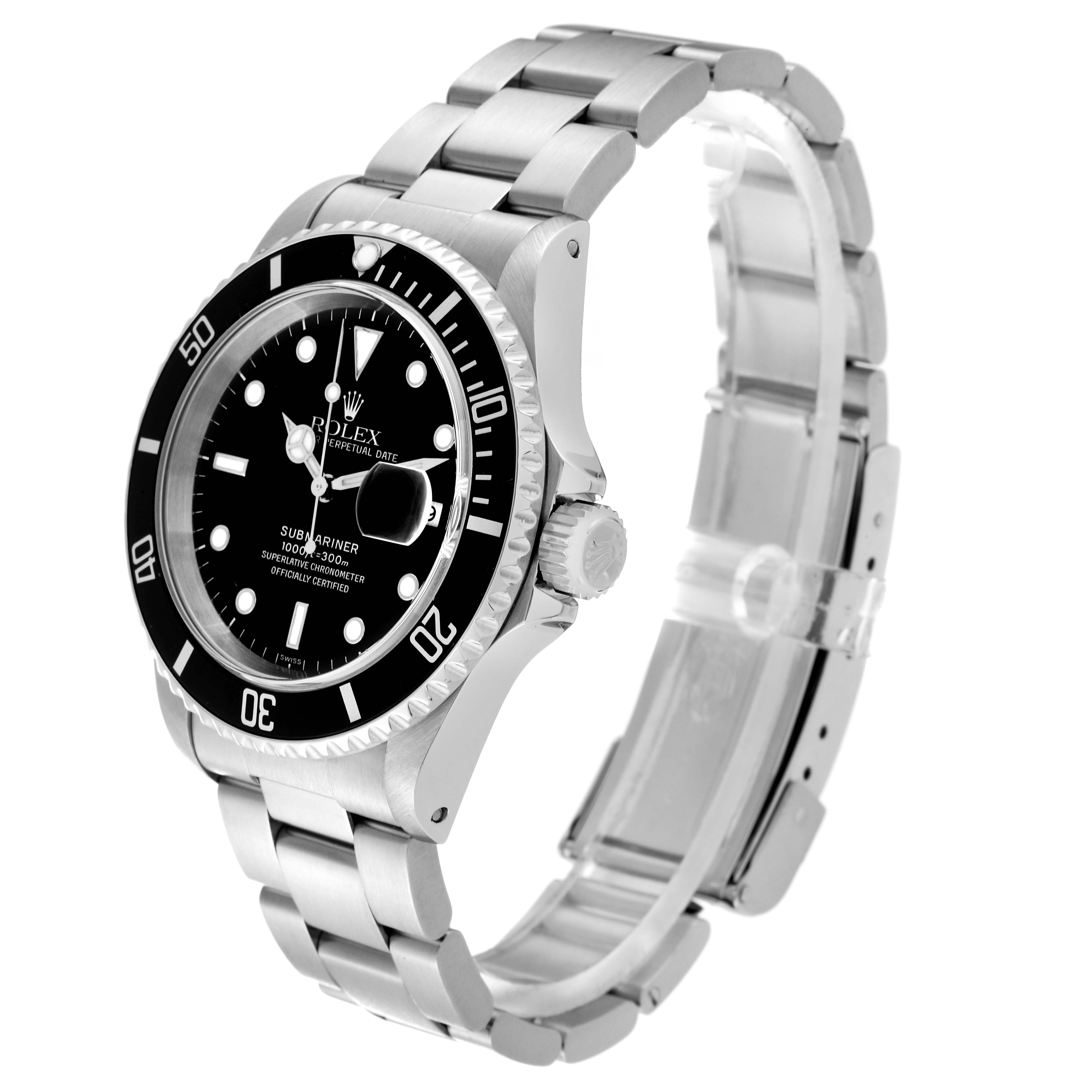 This image shows a Rolex Submariner 16610 Men's Stainless Steel Black Dial 16610 Men's Stainless Steel Black Dial watch at a three-quarter angle, highlighting the face, bezel, bracelet, and clasp.