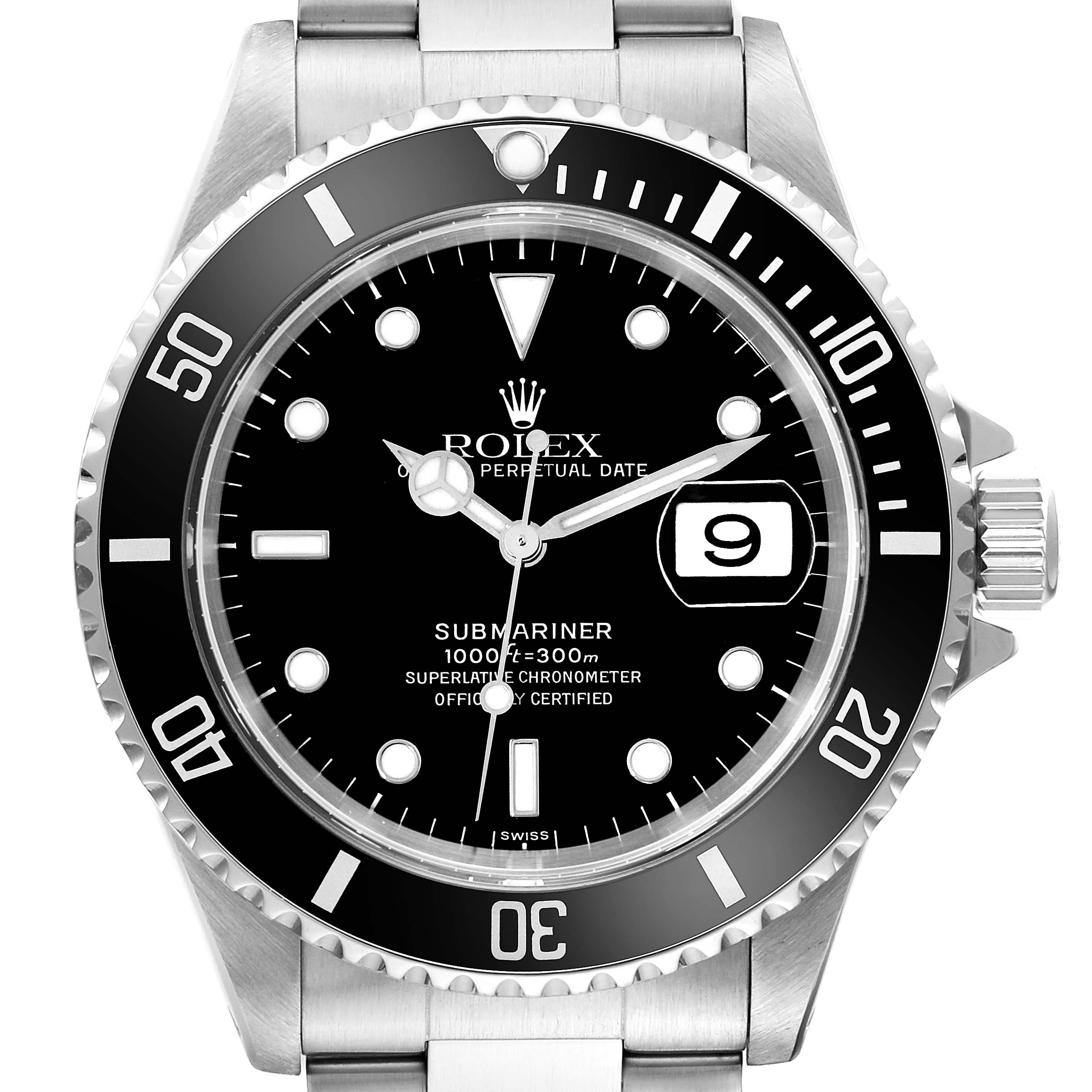 The image shows a front view of the Rolex Submariner 16610 Men's Stainless Steel Black Dial 16610 Men's Stainless Steel Black Dial watch, including the bezel, dial, bracelet, and crown.