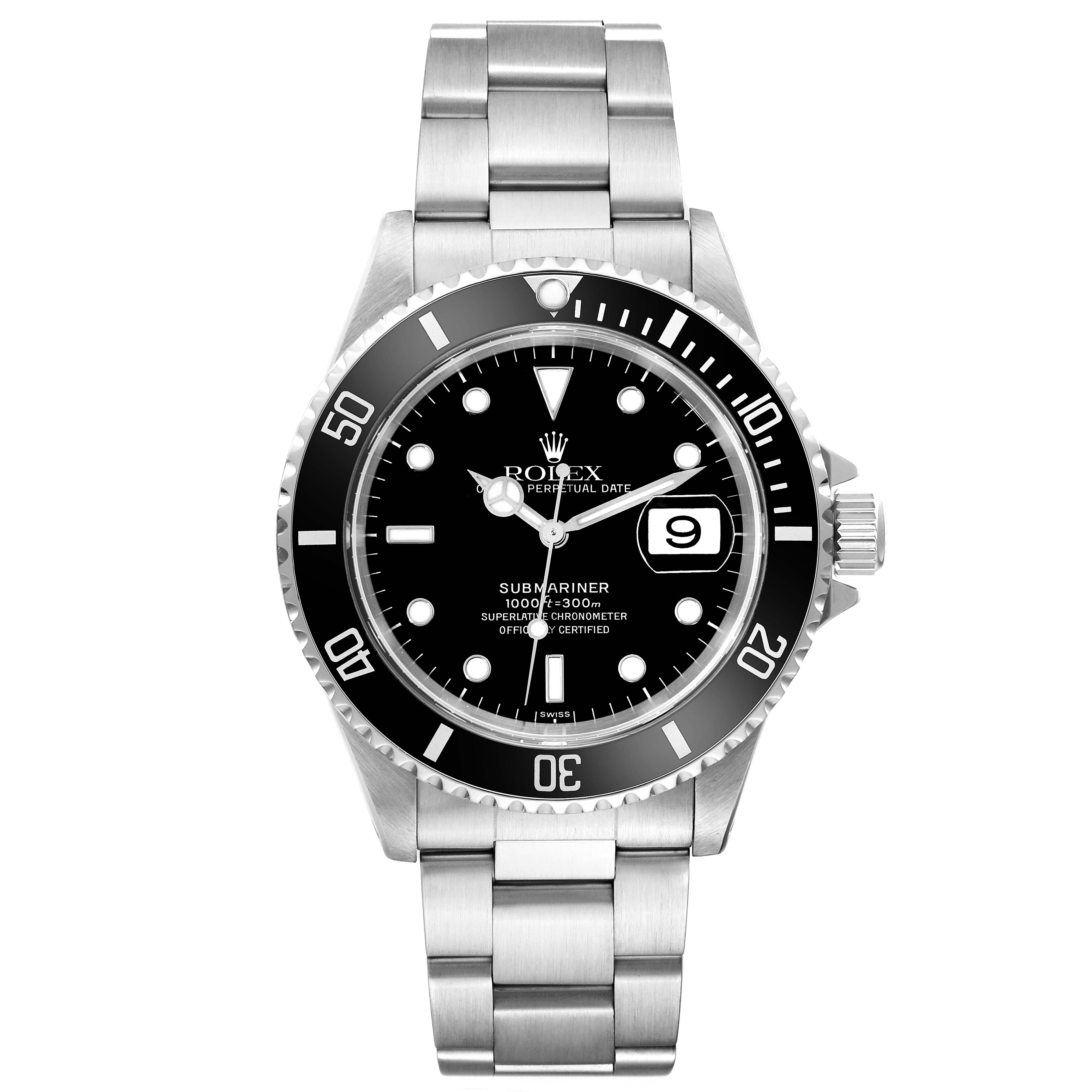 The image shows a Rolex Submariner 16610 Men's Stainless Steel Black Dial 16610 Men's Stainless Steel Black Dial watch from a front angle, displaying its face, bezel, crown, and metal bracelet.