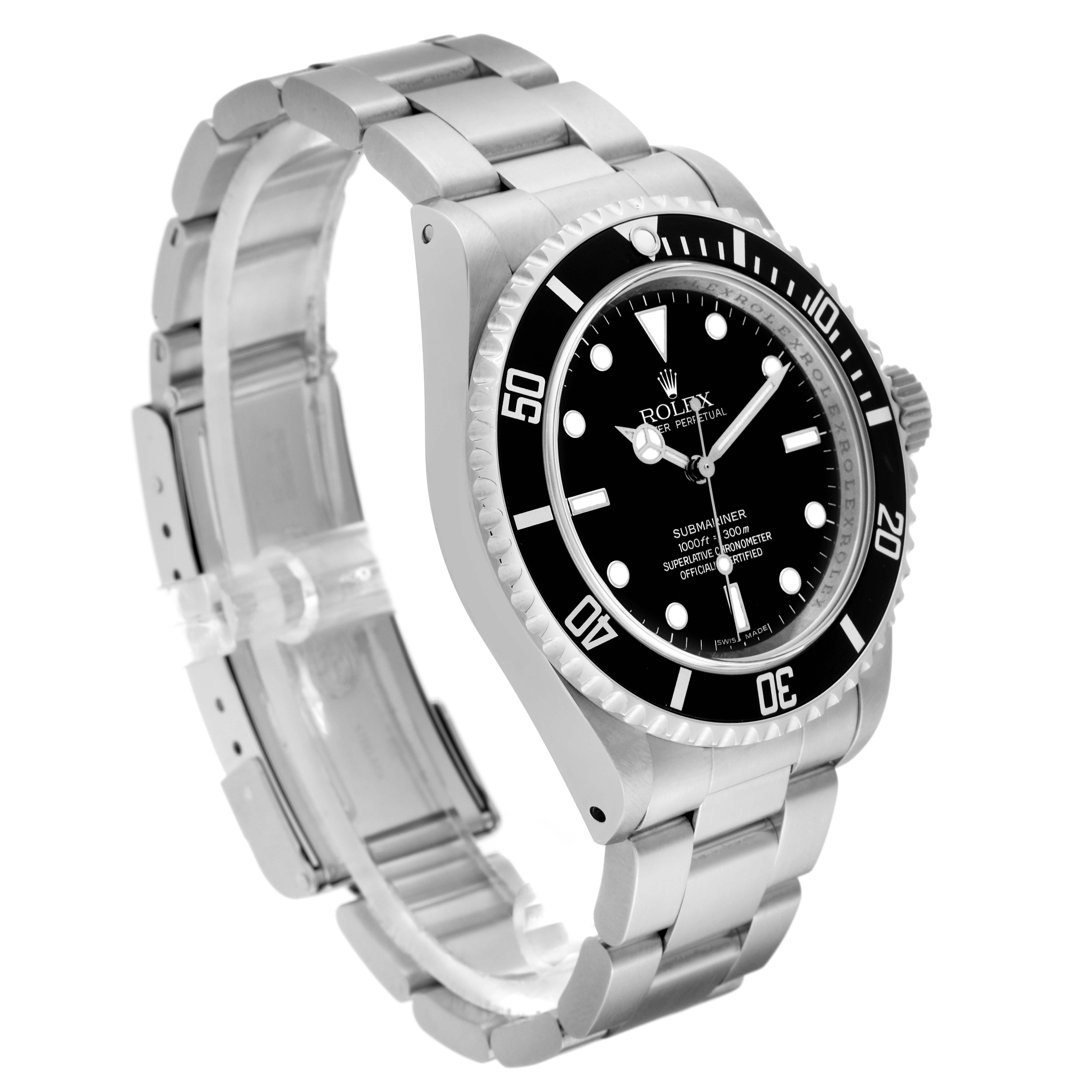The Rolex Submariner 14060M Men
s Stainless Steel Black Dial 14060M Men
s Stainless Steel Black Dial watch is shown at an oblique angle, displaying its face, bezel, and metal bracelet.