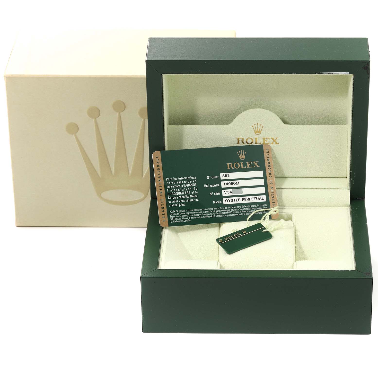 The image shows a Rolex Submariner 14060M Men
s Stainless Steel Black Dial 14060M Men
s Stainless Steel Black Dial watch box from a frontal angle, including the interior cushioning and certification card.