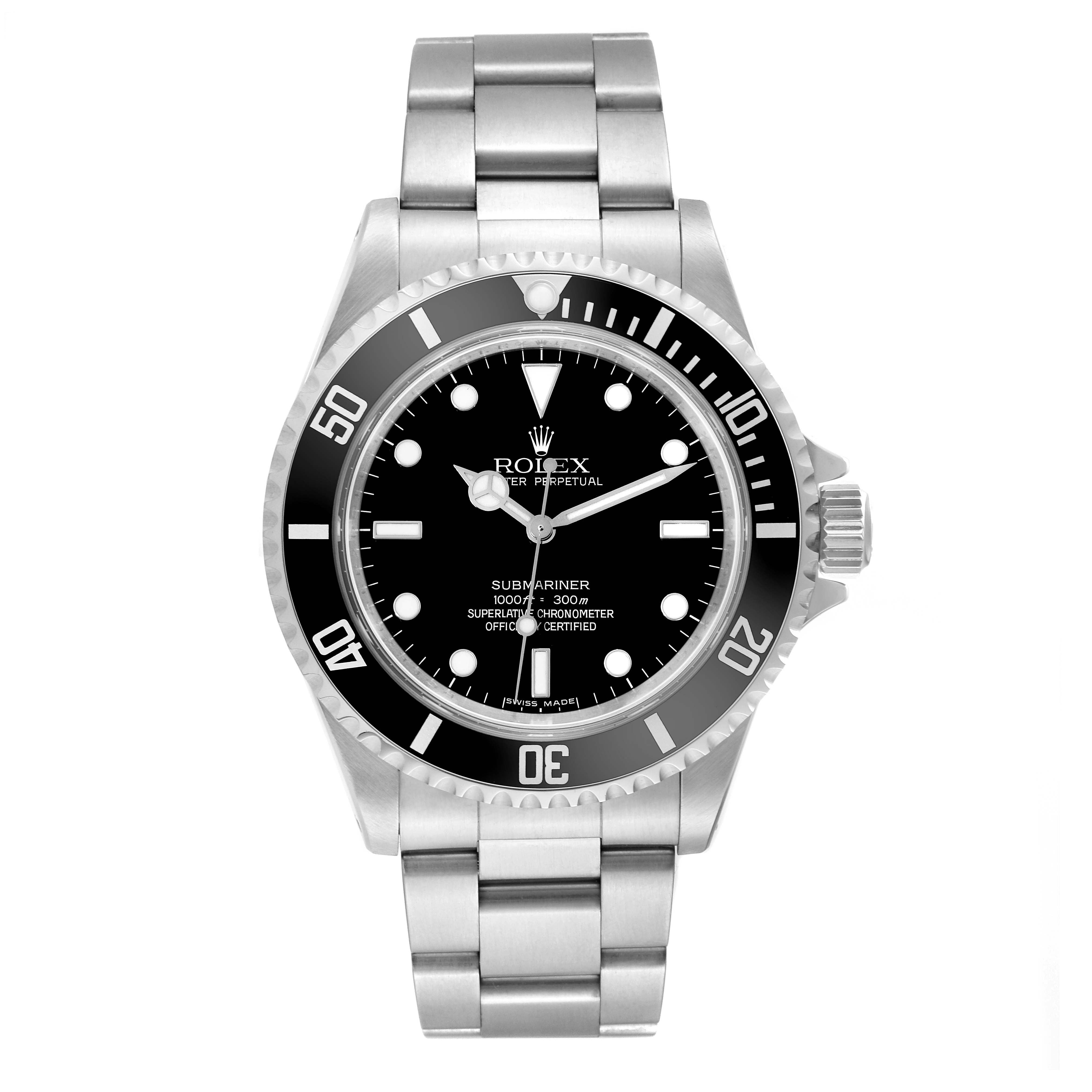 The image shows a front view of the Rolex Submariner 14060M Men
s Stainless Steel Black Dial 14060M Men
s Stainless Steel Black Dial watch with a black dial and stainless steel bracelet.