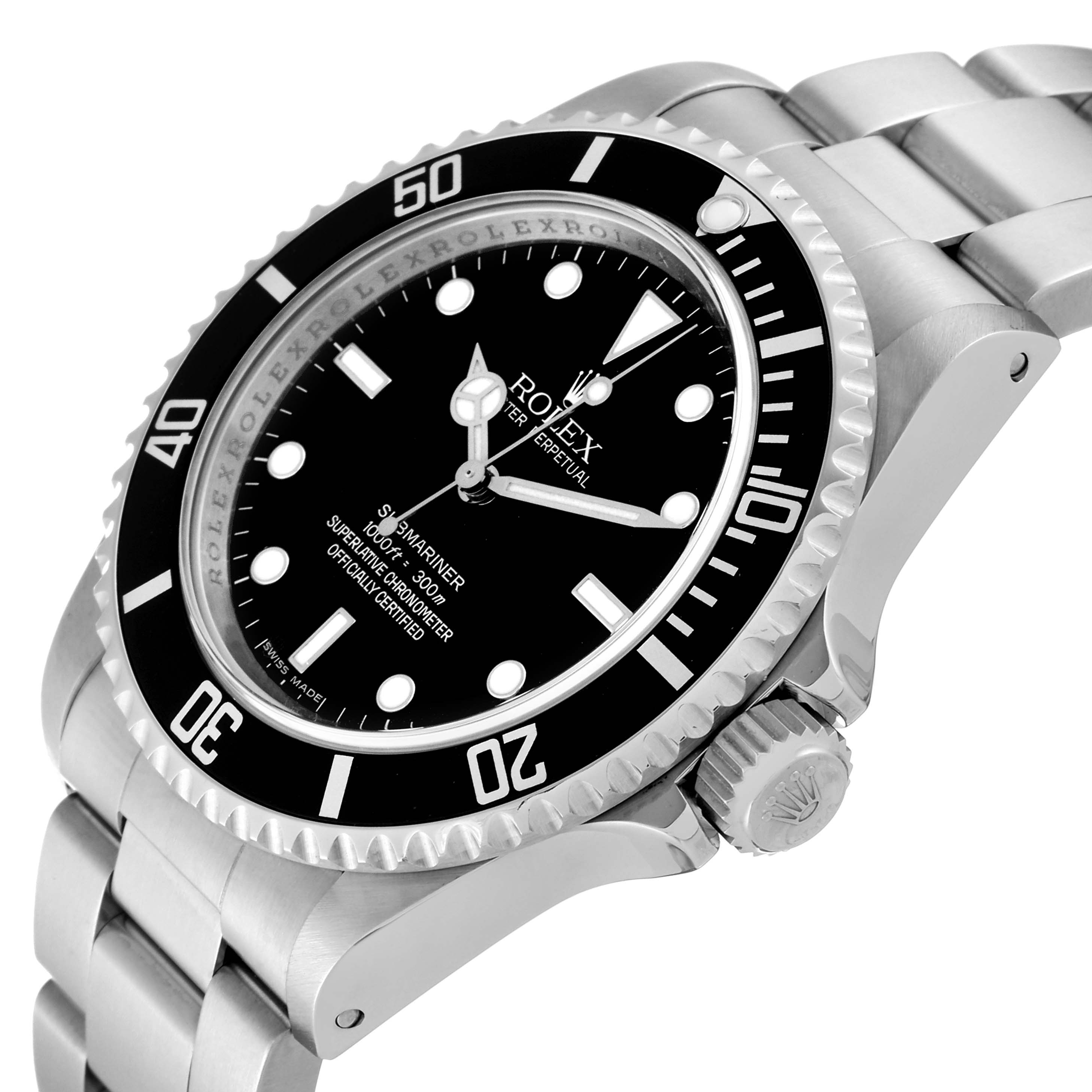 This image shows a Rolex Submariner 14060M Men
s Stainless Steel Black Dial 14060M Men
s Stainless Steel Black Dial watch angled from the front-right, highlighting the bezel, dial, and part of the bracelet.