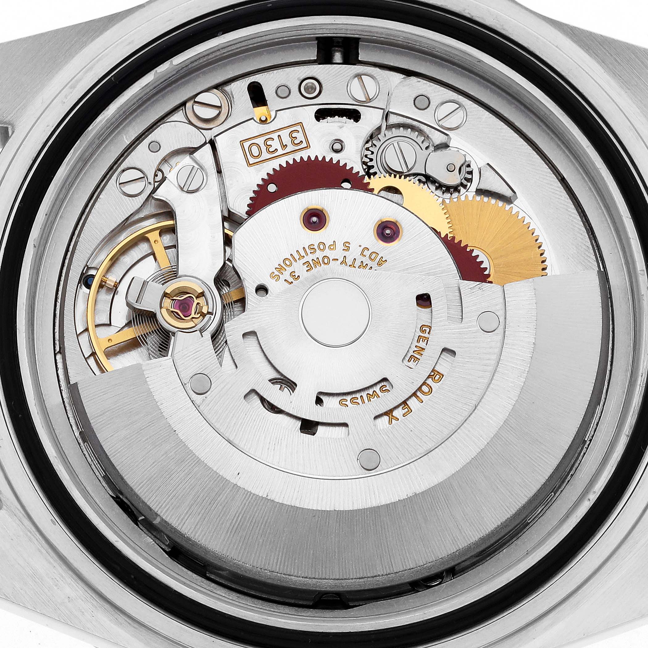 The image shows the internal mechanism and movement of a Rolex Submariner 14060M Men
s Stainless Steel Black Dial 14060M Men
s Stainless Steel Black Dial watch, captured from the back view.