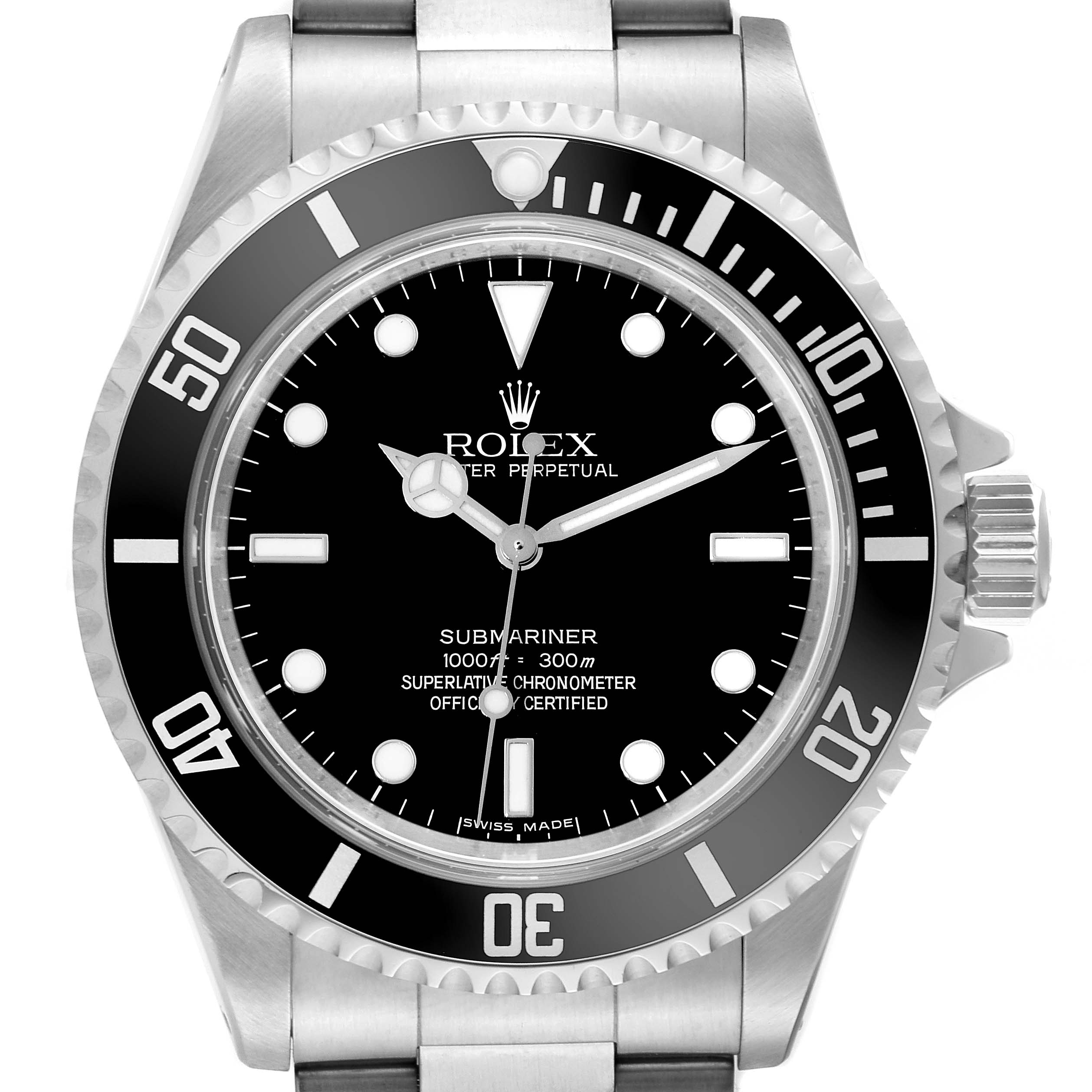 This image shows a front view of the Rolex Submariner 14060M Men
s Stainless Steel Black Dial 14060M Men
s Stainless Steel Black Dial watch, highlighting the dial, bezel, and crown.