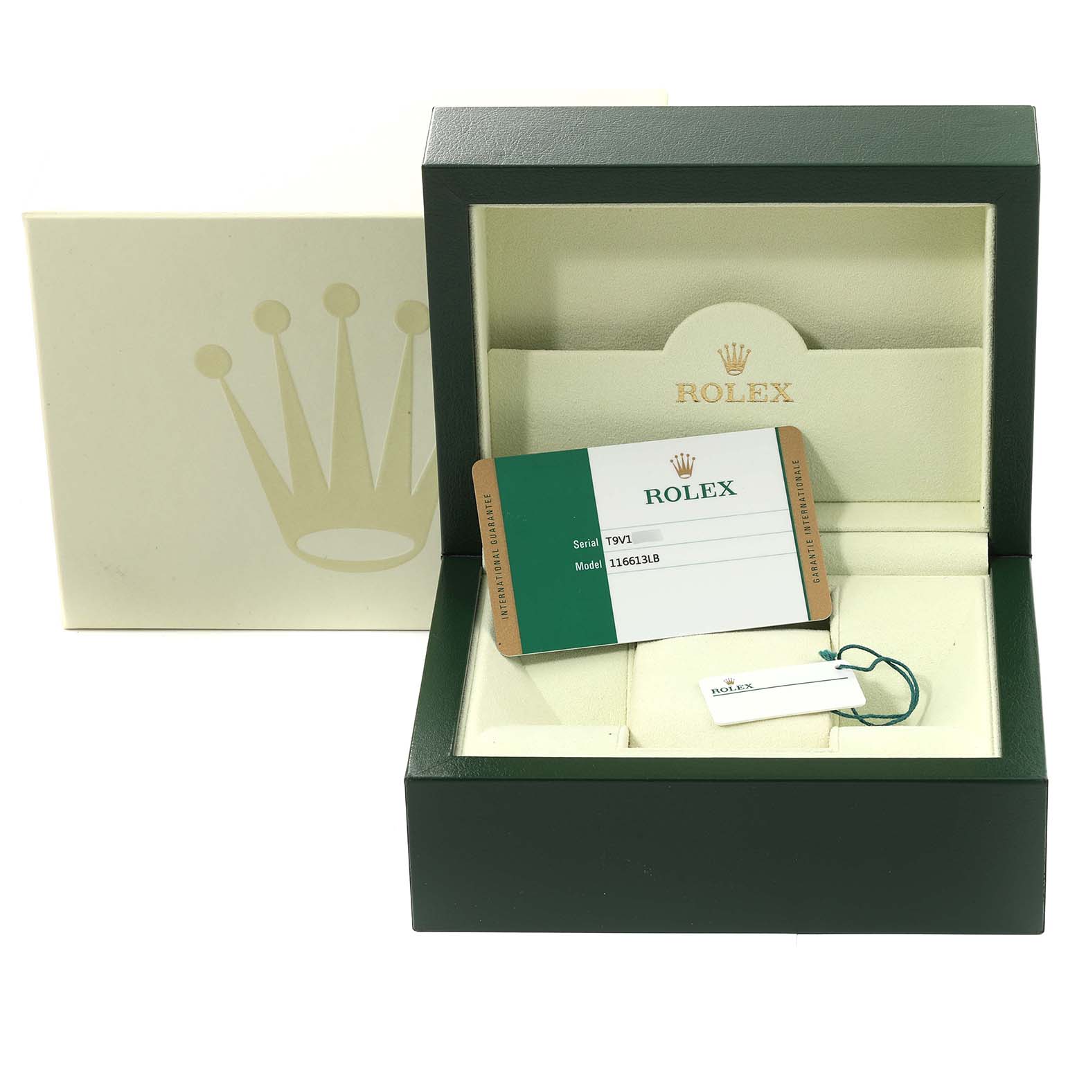 The image shows an open Rolex Submariner 116613 Men's Steel and Gold (two tone) Blue Dial 116613 Men's Steel and Gold (two tone) Blue Dial model box set with a guarantee card and a tag inside, viewed from the front.