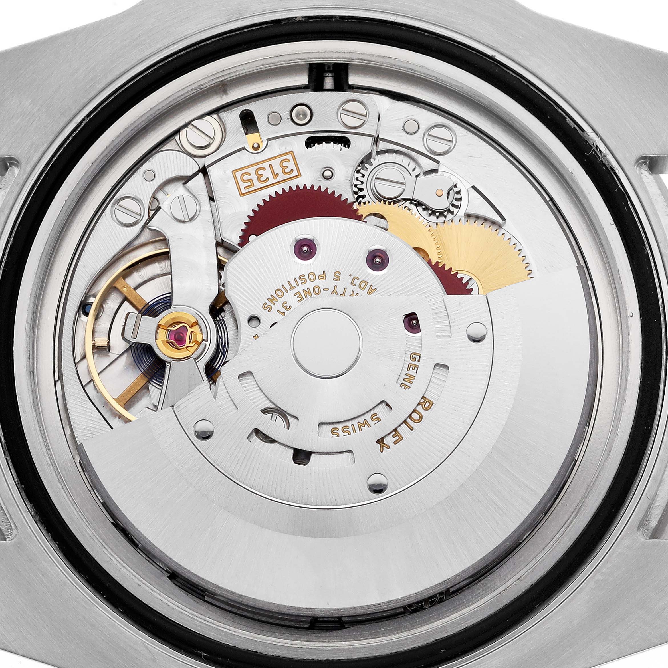The image shows the internal movement mechanism of a Rolex Submariner 116613 Men's Steel and Gold (two tone) Blue Dial 116613 Men's Steel and Gold (two tone) Blue Dial watch from a rear or bottom angle.