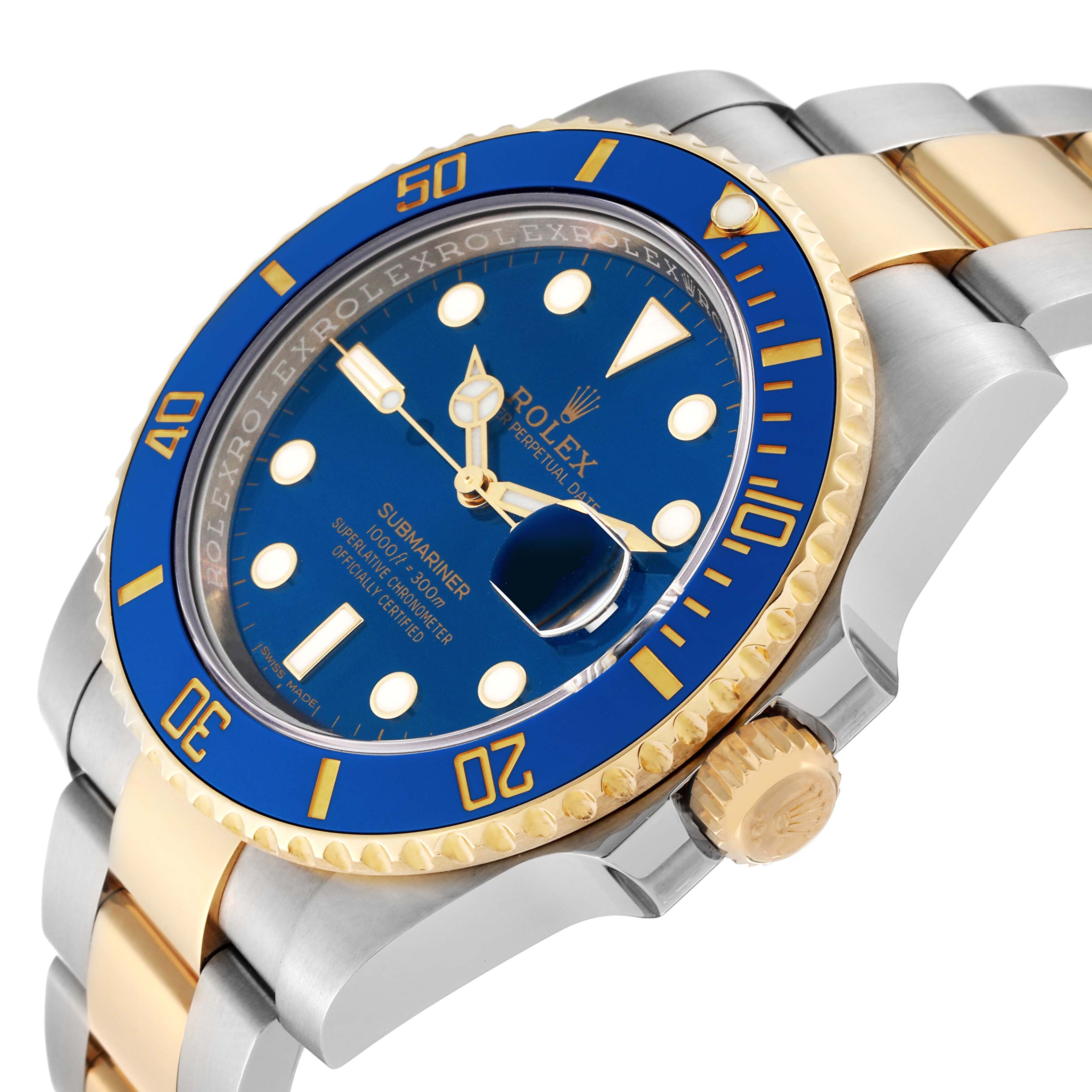 The image shows a side angle of the Rolex Submariner 116613 Men's Steel and Gold (two tone) Blue Dial 116613 Men's Steel and Gold (two tone) Blue Dial watch, highlighting the blue bezel, crown, and bracelet.