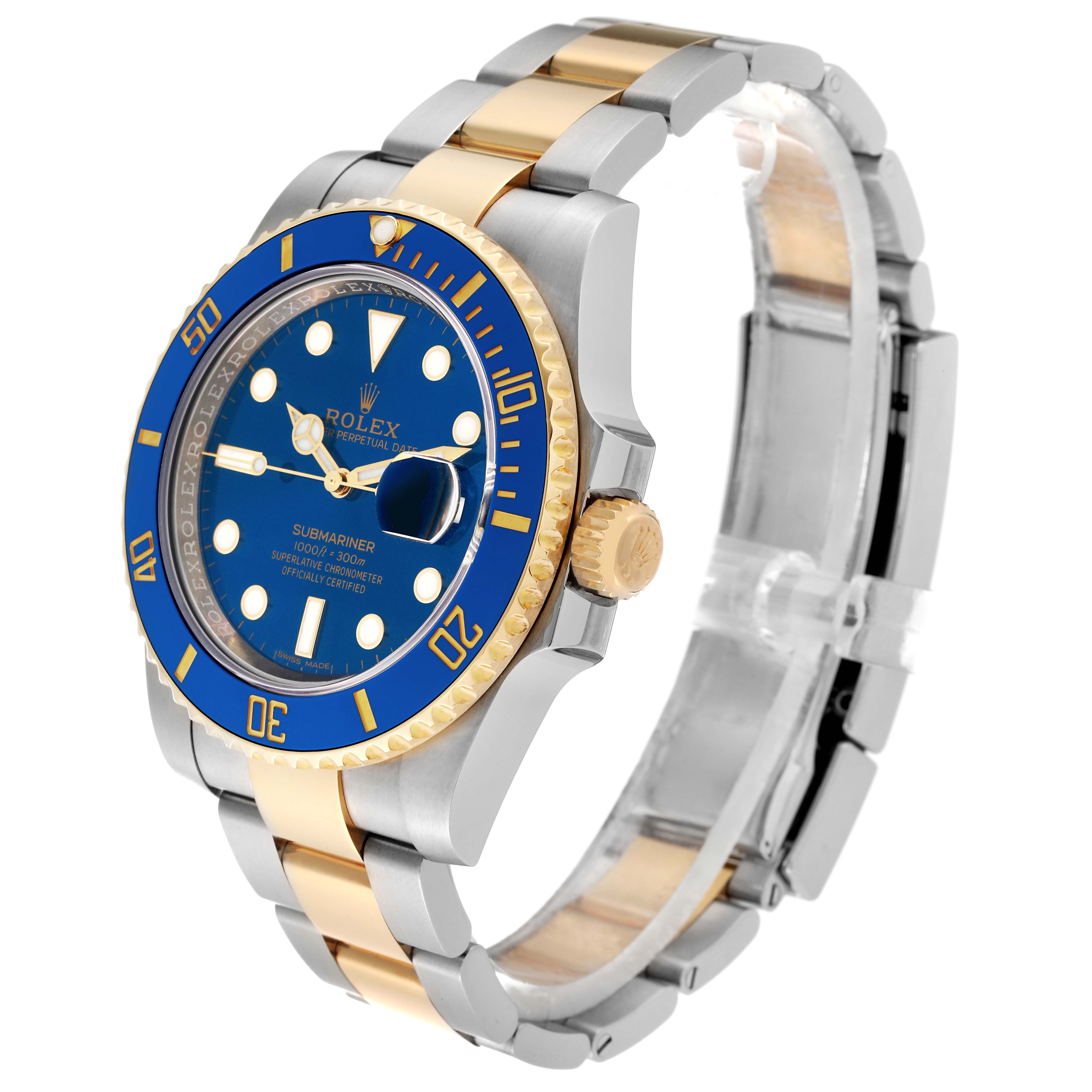 The Rolex Submariner 116613 Men's Steel and Gold (two tone) Blue Dial 116613 Men's Steel and Gold (two tone) Blue Dial watch is shown at a three-quarter angle, displaying the dial, bezel, crown, and part of the bracelet.