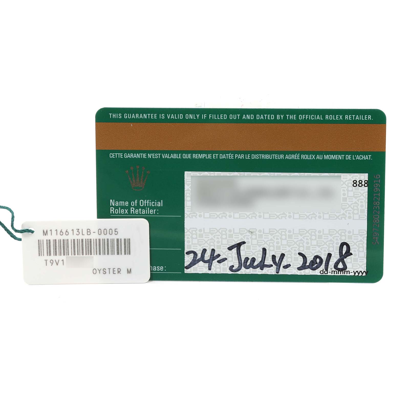 The image shows a warranty card and a tag for a Rolex Submariner 116613 Men's Steel and Gold (two tone) Blue Dial 116613 Men's Steel and Gold (two tone) Blue Dial model, with the tag displaying the model number.