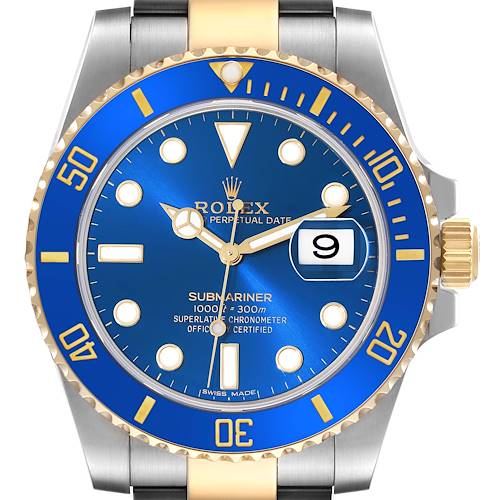 The image shows a front view of a Rolex Submariner watch, highlighting its blue dial, gold accents, and date display at 3 o'clock.