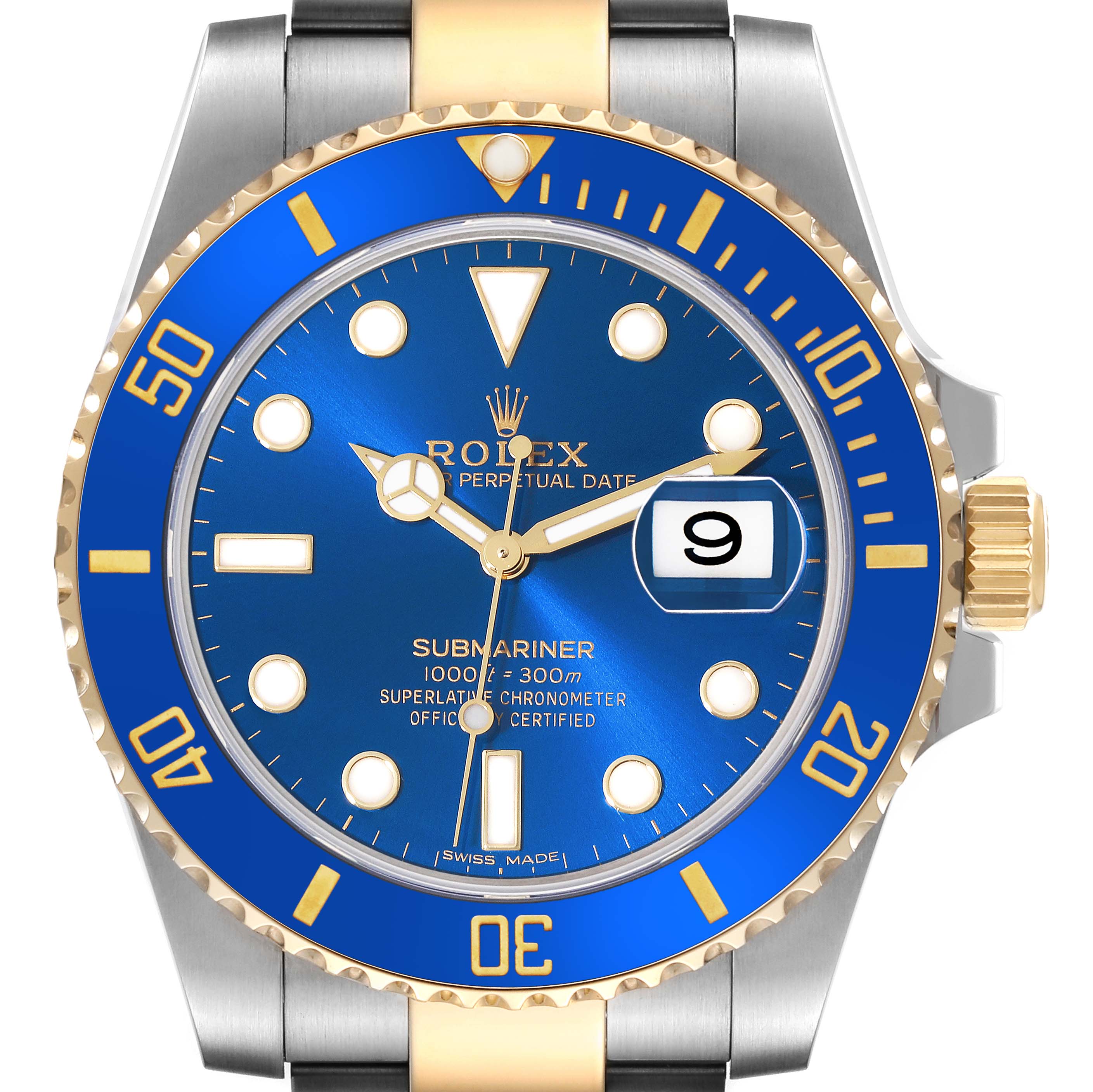 The image shows a front view of the Rolex Submariner 116613 Men's Steel and Gold (two tone) Blue Dial 116613 Men's Steel and Gold (two tone) Blue Dial watch, highlighting its blue dial, bezel, and date display.