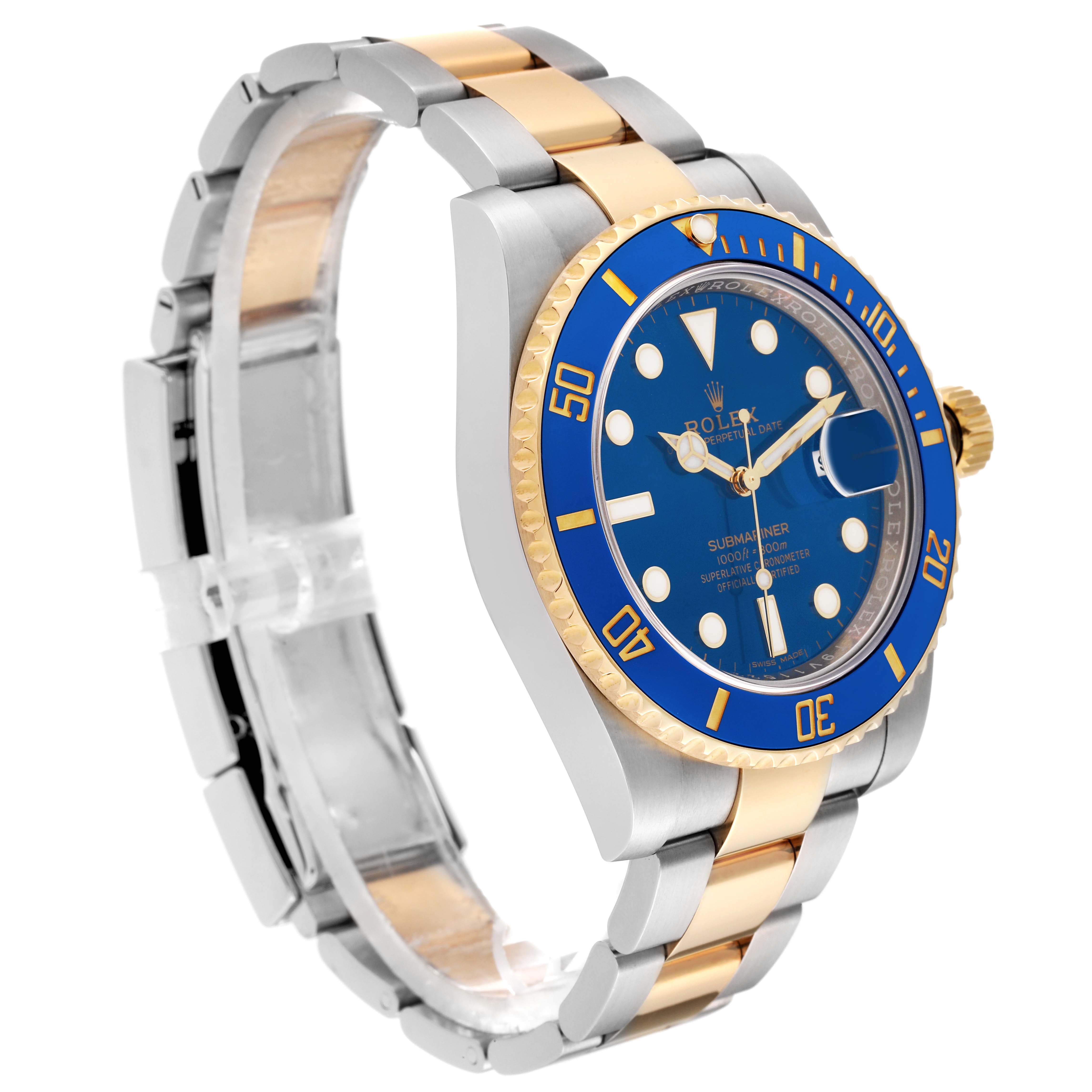 The Rolex Submariner 116613 Men's Steel and Gold (two tone) Blue Dial 116613 Men's Steel and Gold (two tone) Blue Dial is shown at a three-quarter angle, highlighting its blue bezel, blue dial, and two-tone bracelet.