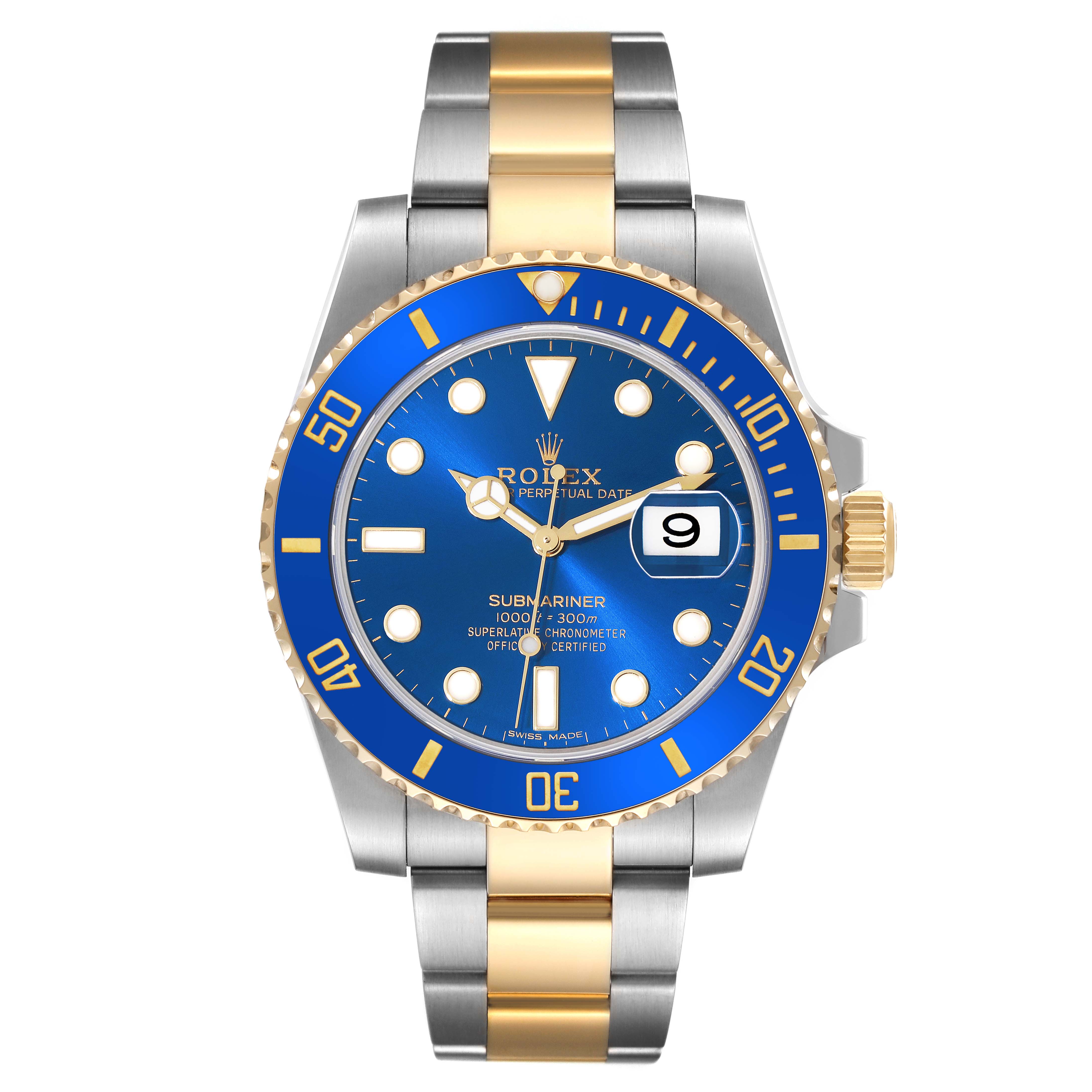 The image shows a front view of a Rolex Submariner 116613 Men's Steel and Gold (two tone) Blue Dial 116613 Men's Steel and Gold (two tone) Blue Dial watch with a blue dial and bezel, and a two-tone (gold and silver) bracelet.