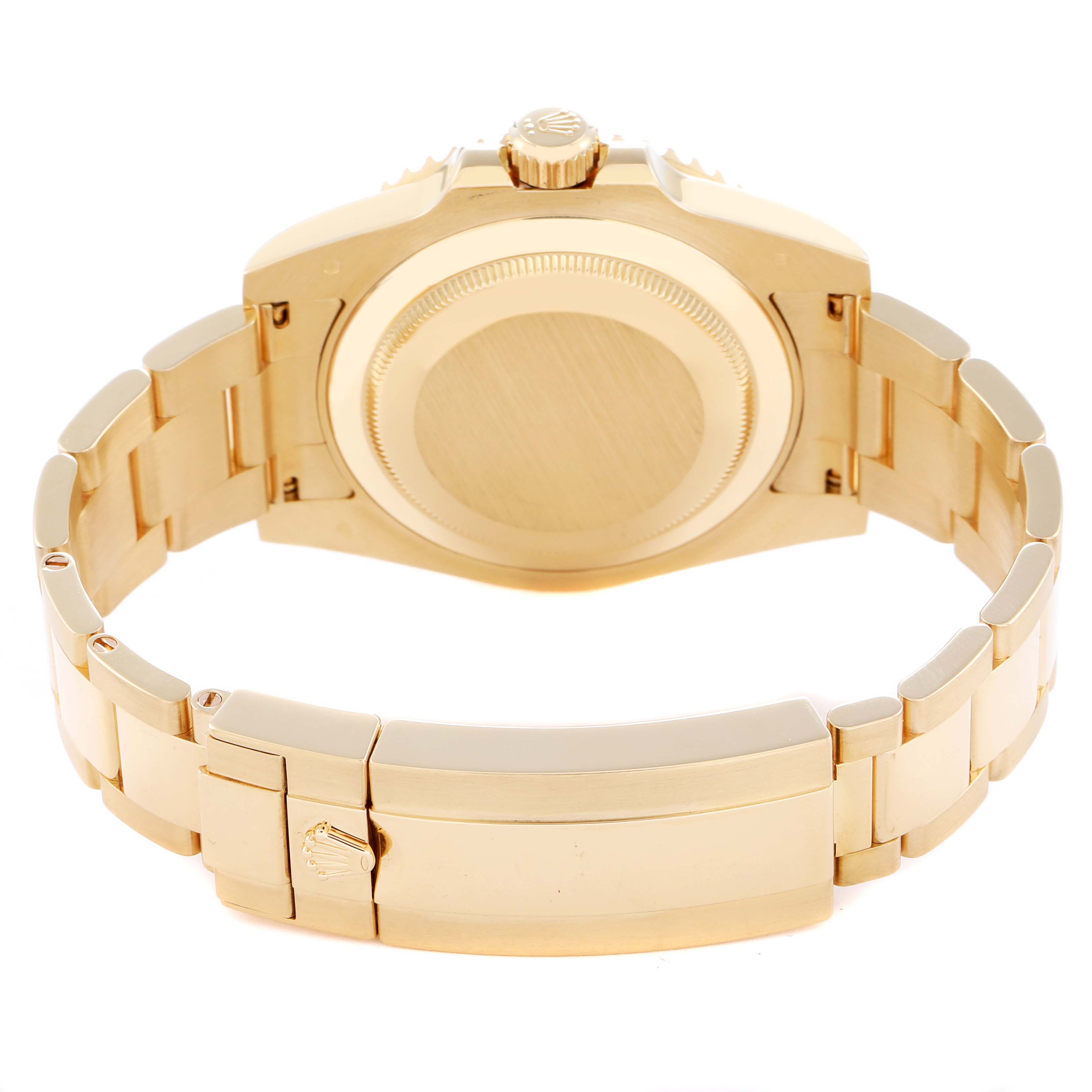 The image shows the back case and bracelet of a Rolex Submariner 116618 Men
s Yellow Gold Black Dial watch, viewed from the rear with a focus on the clasp and links.