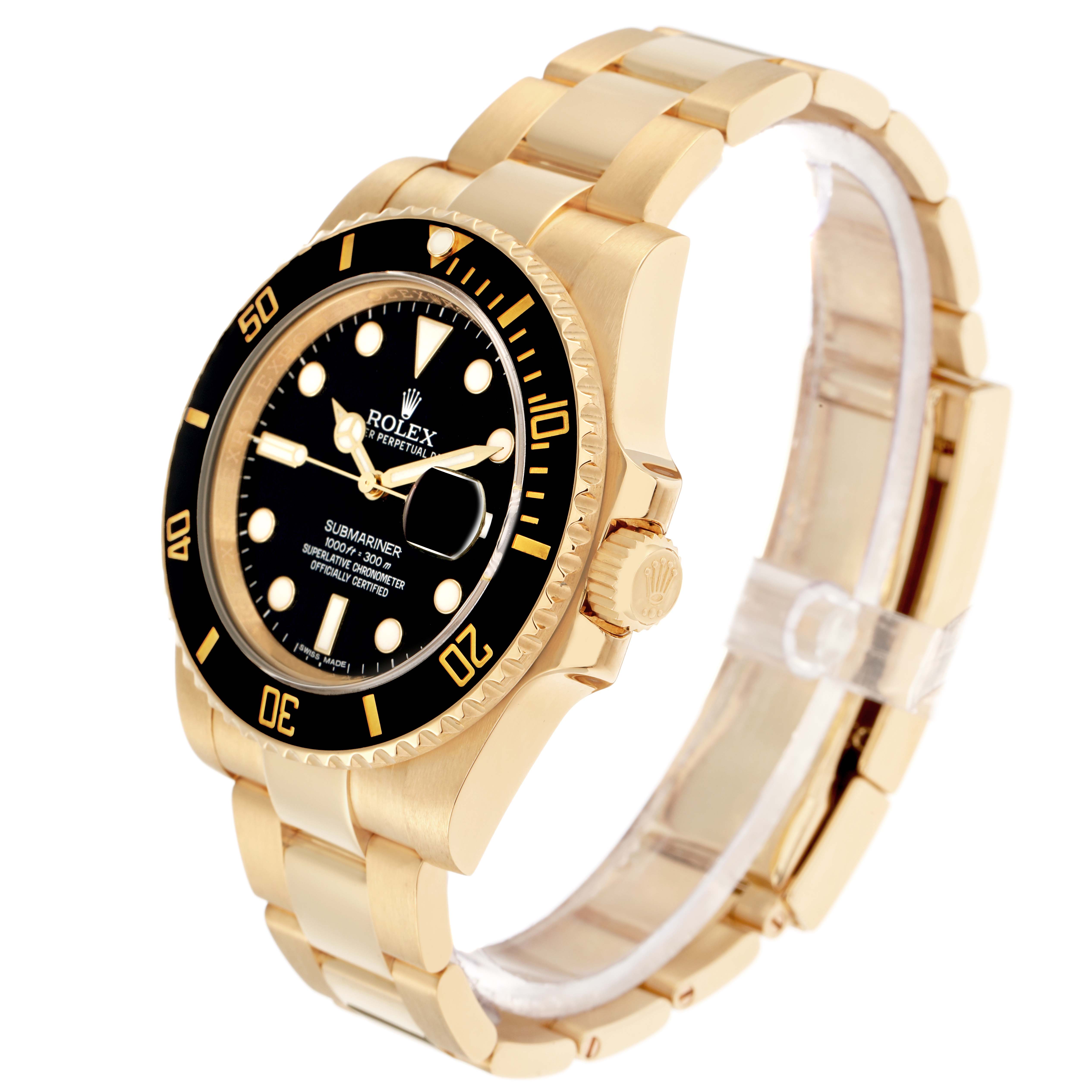 The Rolex Submariner 116618 Men
s Yellow Gold Black Dial watch is shown at an angled side view, highlighting the bracelet, bezel, crown, and dial.