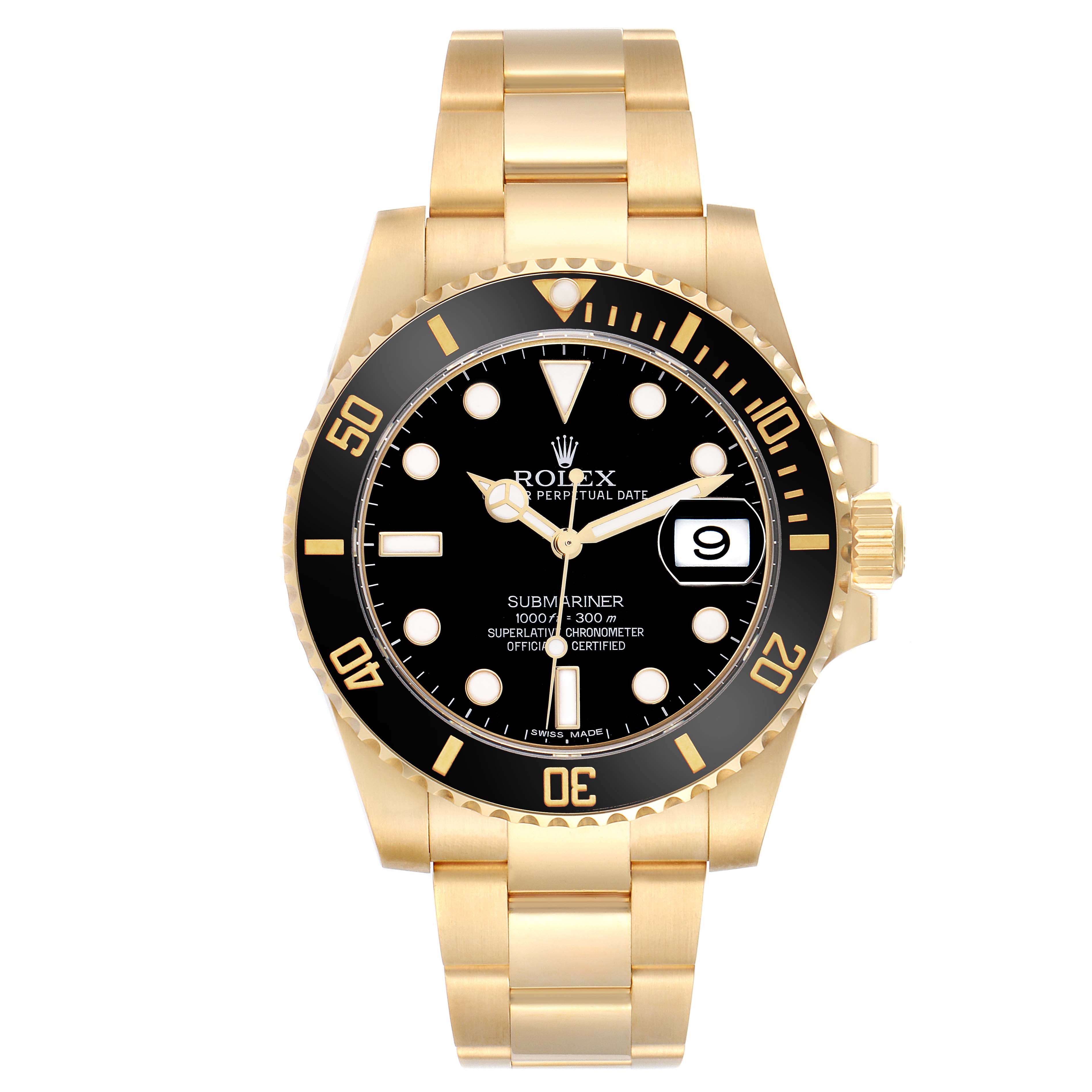 The Rolex Submariner 116618 Men
s Yellow Gold Black Dial watch is shown from a front angle, highlighting the black dial, gold case, bezel, and bracelet.