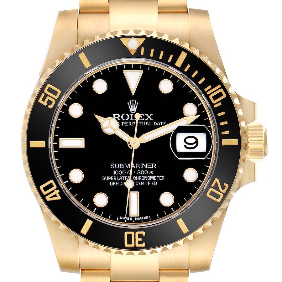 The image shows a frontal view of the Rolex Submariner 116618 Men's Yellow Gold Black Dial watch, highlighting the dial, bezel, and crown.