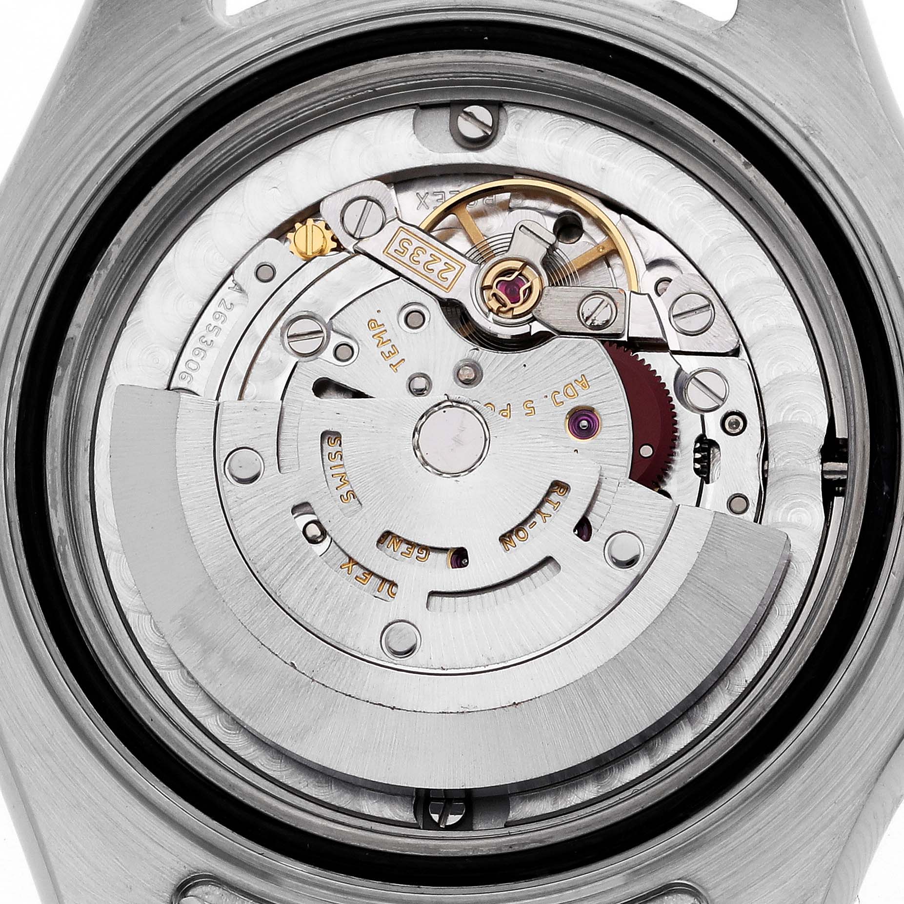 This image shows a close-up view of the movement mechanism inside a Rolex Yacht-Master 168622 Men's Stainless Steel Silver Dial 168622 Men's Stainless Steel Silver Dial watch.