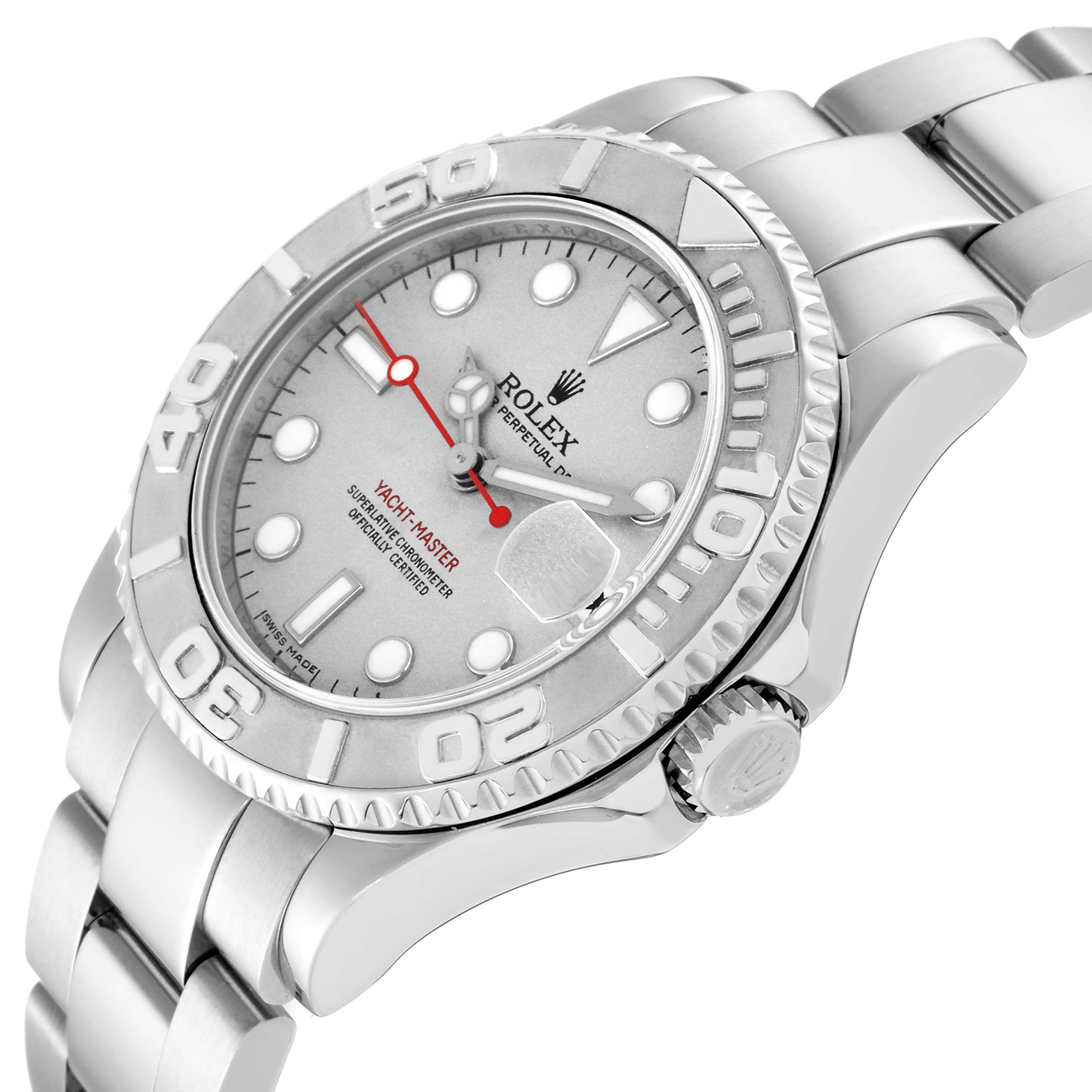 The image shows a close-up, angled view of the Rolex Yacht-Master 168622 Men's Stainless Steel Silver Dial 168622 Men's Stainless Steel Silver Dial watch, highlighting the dial, bezel, and part of the bracelet.