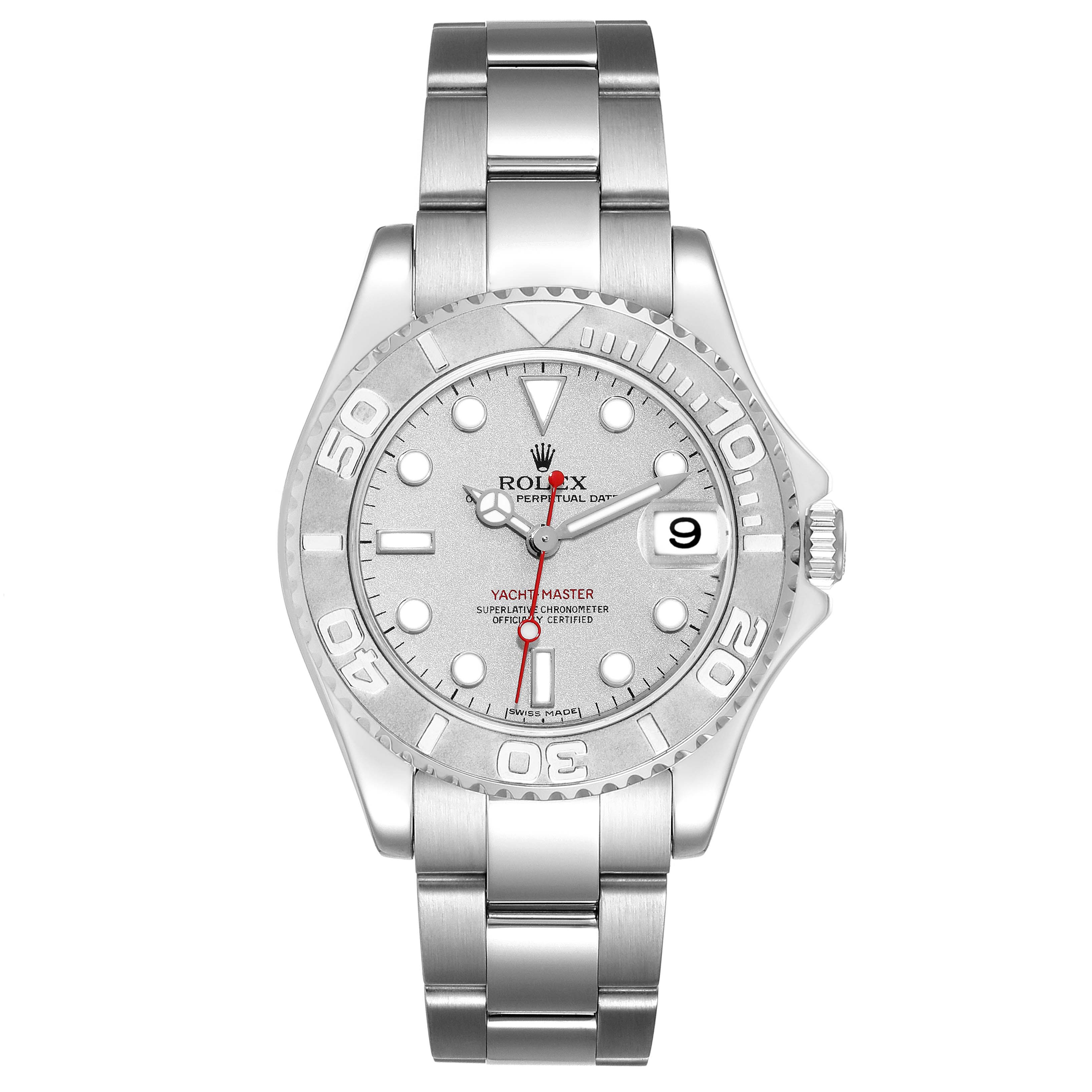 The image shows a front view of the Rolex Yacht-Master 168622 Men's Stainless Steel Silver Dial 168622 Men's Stainless Steel Silver Dial watch, displaying the dial, bezel, bracelet, and crown.