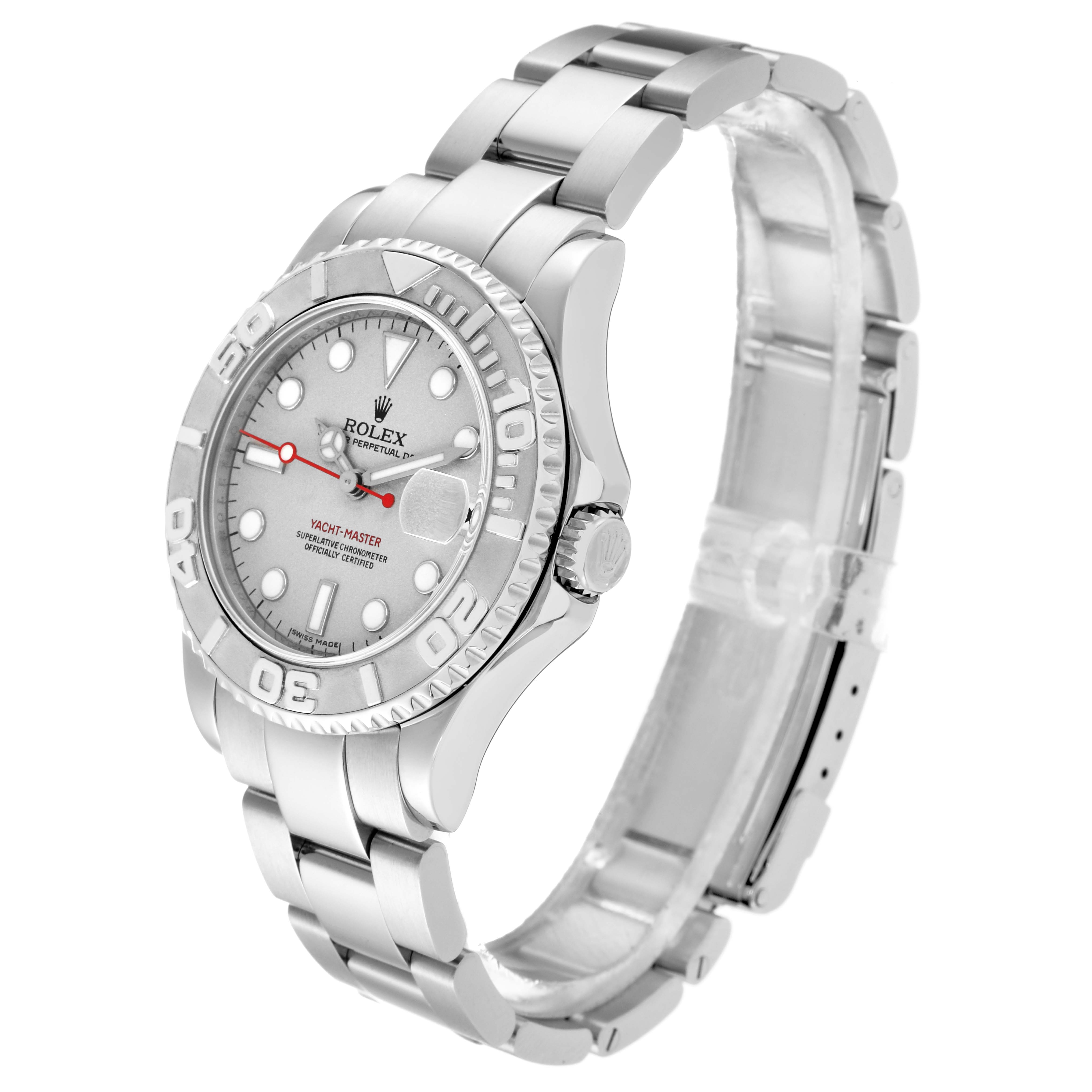 This is a Rolex Yacht-Master 168622 Men's Stainless Steel Silver Dial 168622 Men's Stainless Steel Silver Dial watch shown from a three-quarter angle, highlighting the face, bezel, and bracelet.