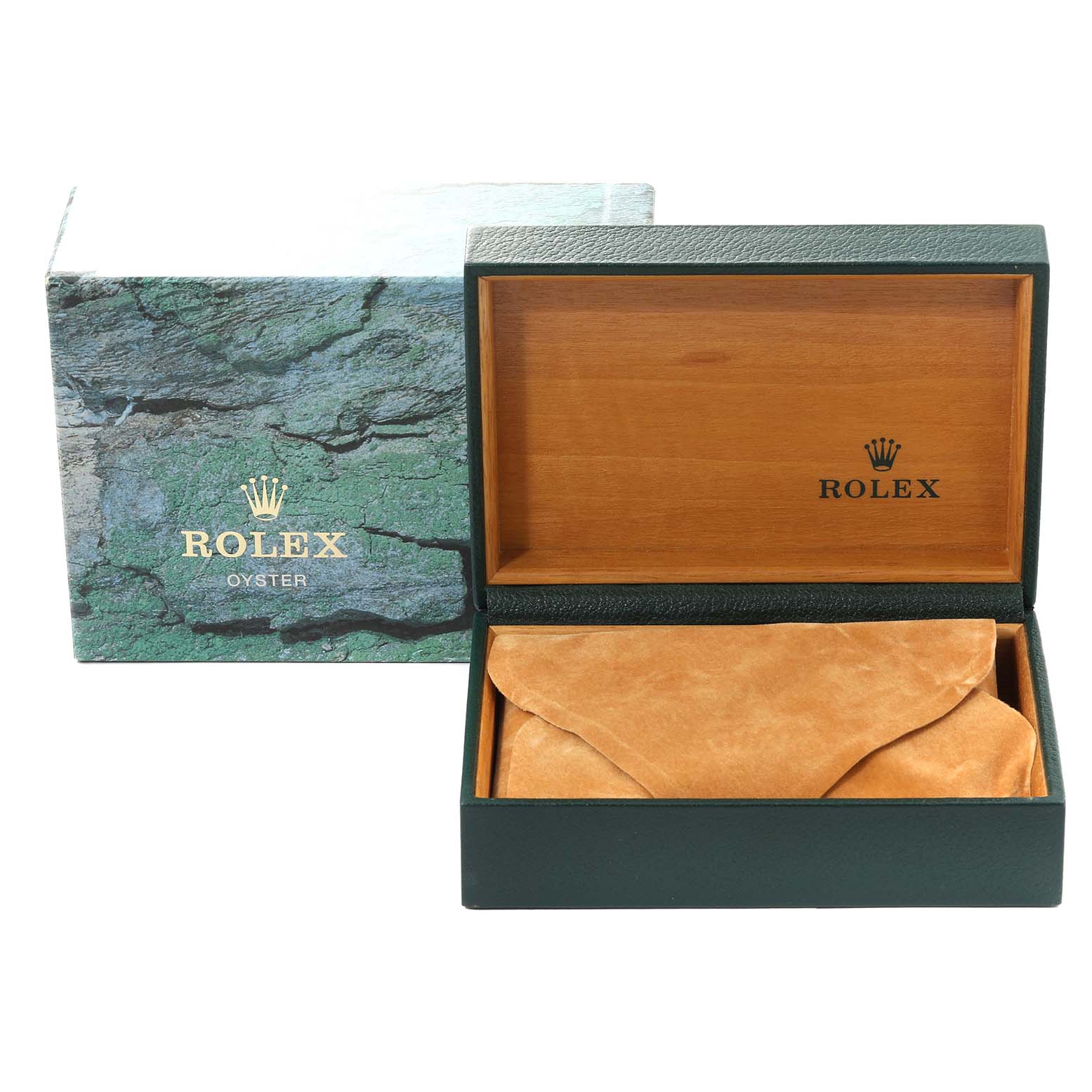 This image shows a Rolex Yacht-Master 168622 Men's Stainless Steel Silver Dial 168622 Men's Stainless Steel Silver Dial watch box and pouch with the box lid open, revealing a leather-like pouch inside.