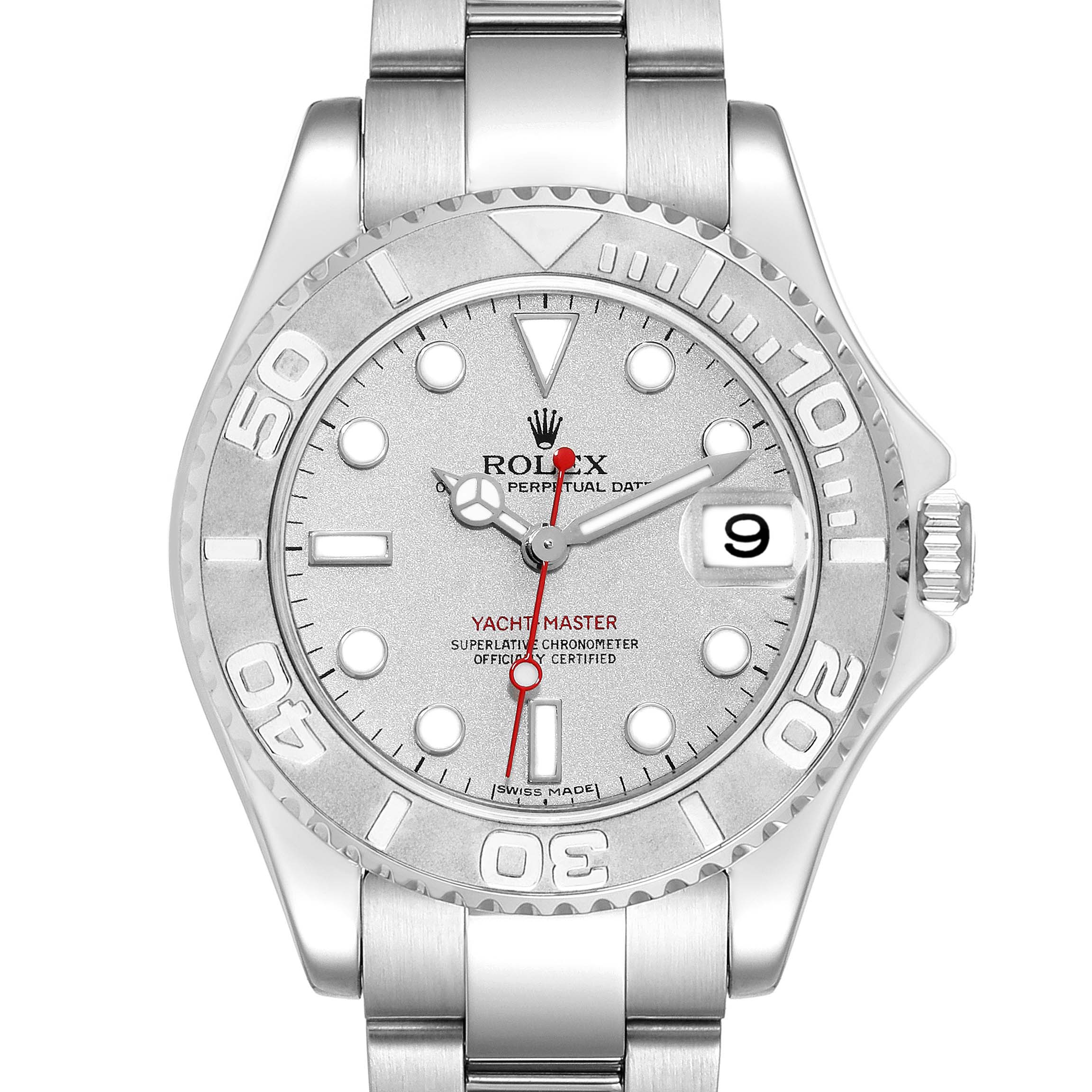 The image shows a front view of a Rolex Yacht-Master 168622 Men's Stainless Steel Silver Dial 168622 Men's Stainless Steel Silver Dial watch, highlighting the dial, bezel, and part of the bracelet.