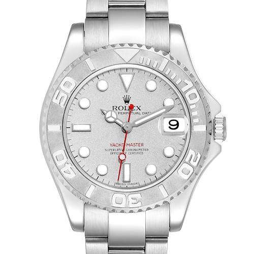 This Rolex Yacht-Master watch is shown from the front, displaying its dial, bezel, hands, and part of the strap.