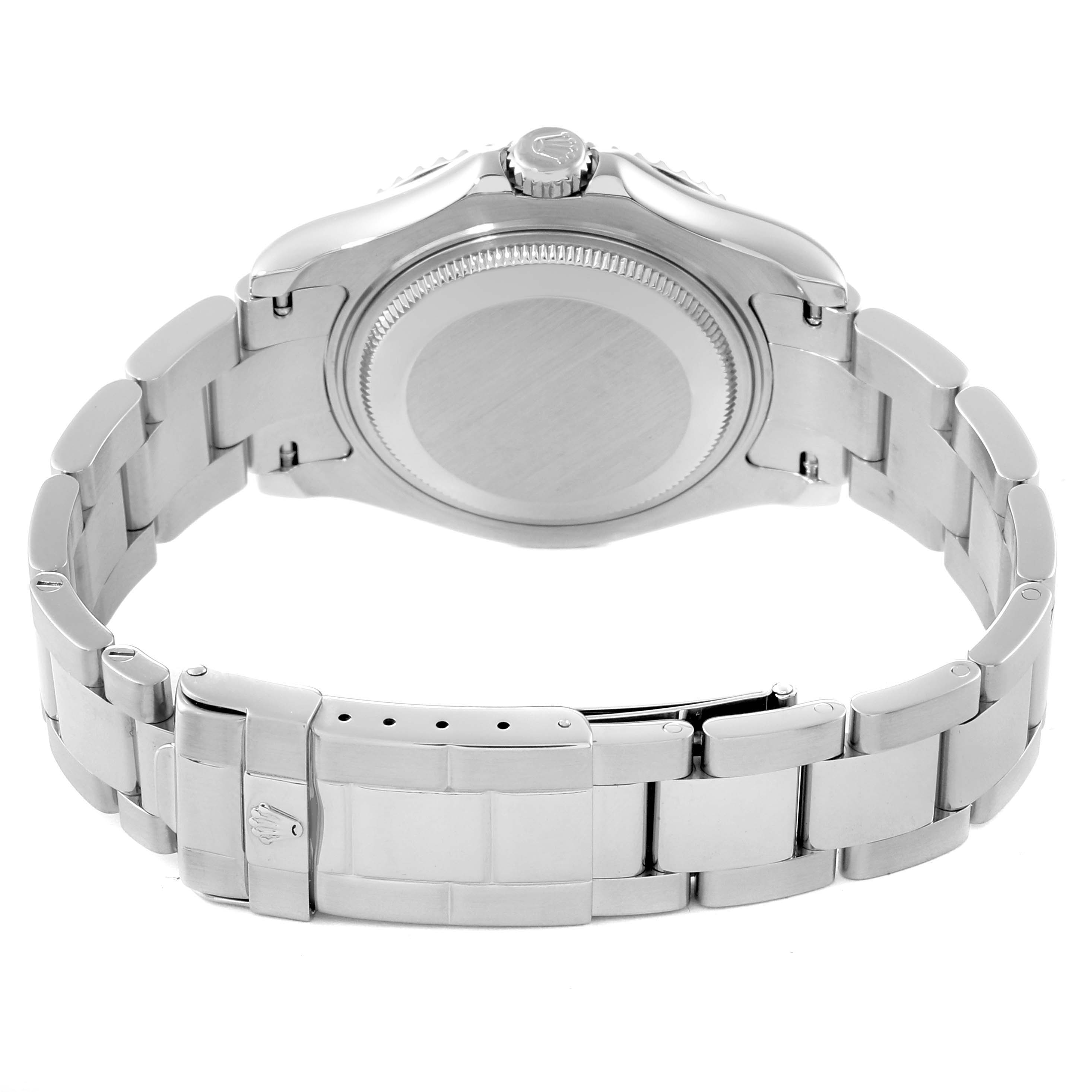 The image shows the back view of a Rolex Yacht-Master 168622 Men's Stainless Steel Silver Dial 168622 Men's Stainless Steel Silver Dial watch, highlighting the case back, crown, and bracelet with clasp.