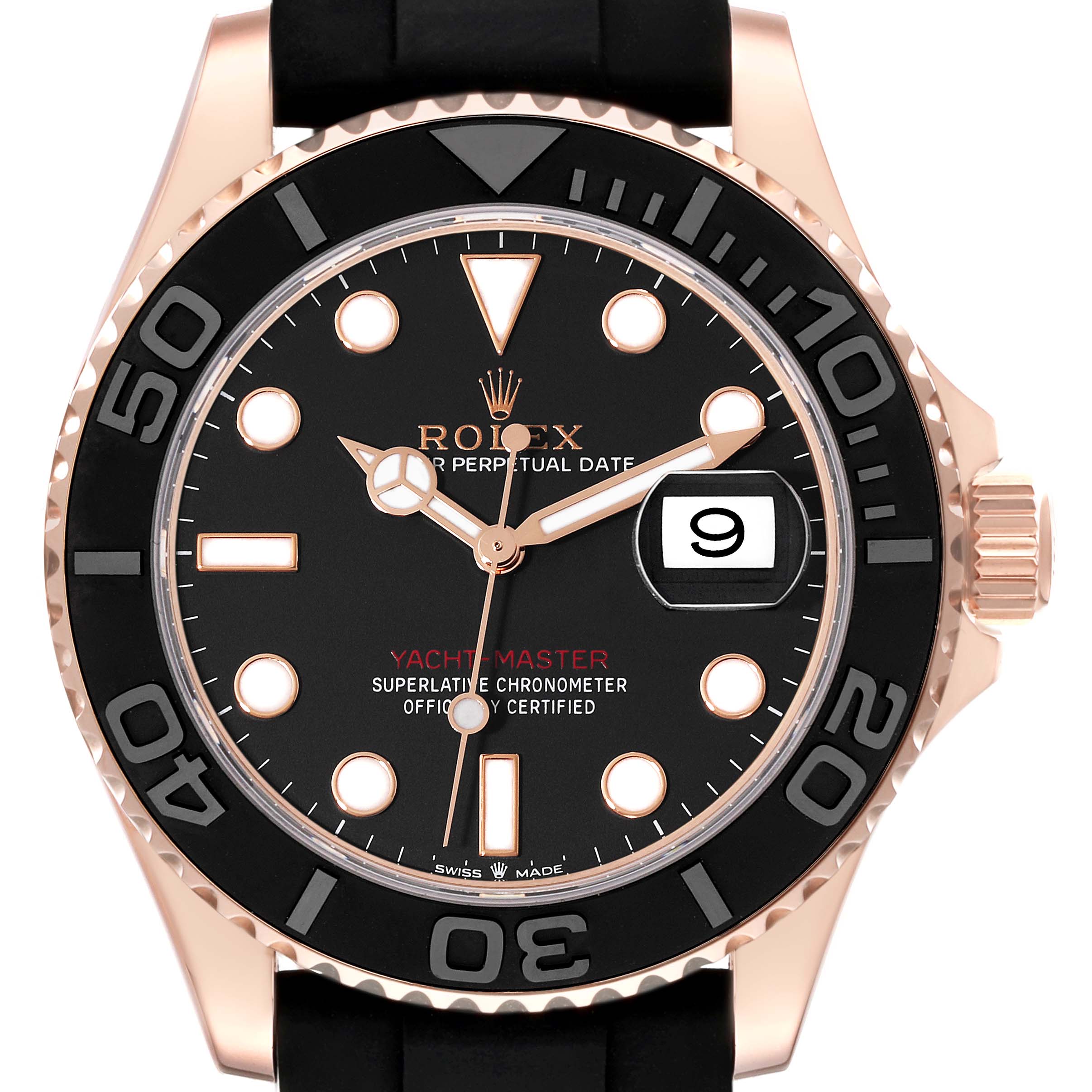 The image shows a frontal view of the Rolex Yacht-Master 126655 Men's Rose Gold Black Dial 126655 Men's Rose Gold Black Dial watch, highlighting the face, bezel, crown, and rubber strap.