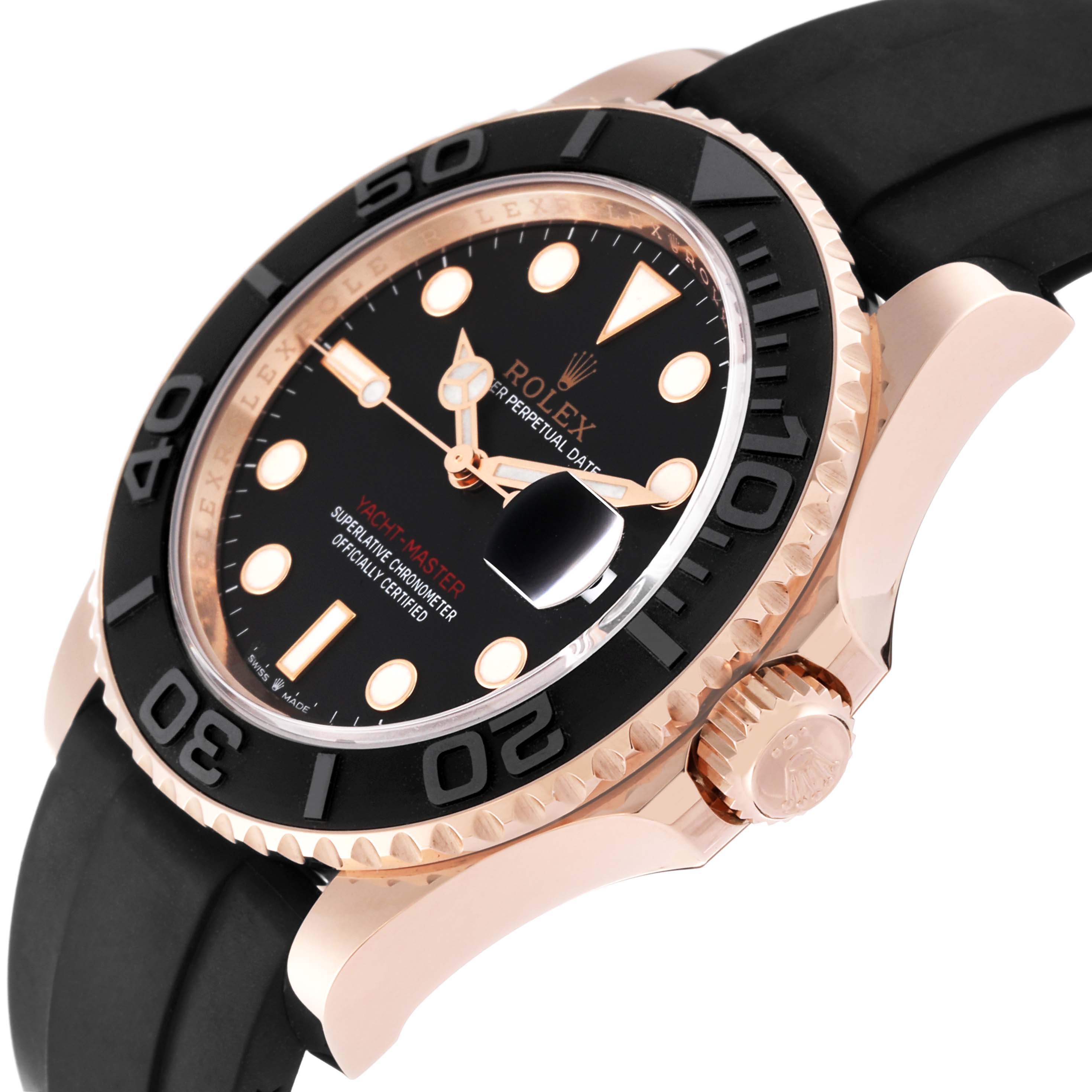 The Rolex Yacht-Master 126655 Men's Rose Gold Black Dial 126655 Men's Rose Gold Black Dial watch is shown at an angle highlighting its black bezel, crown, and part of the strap.