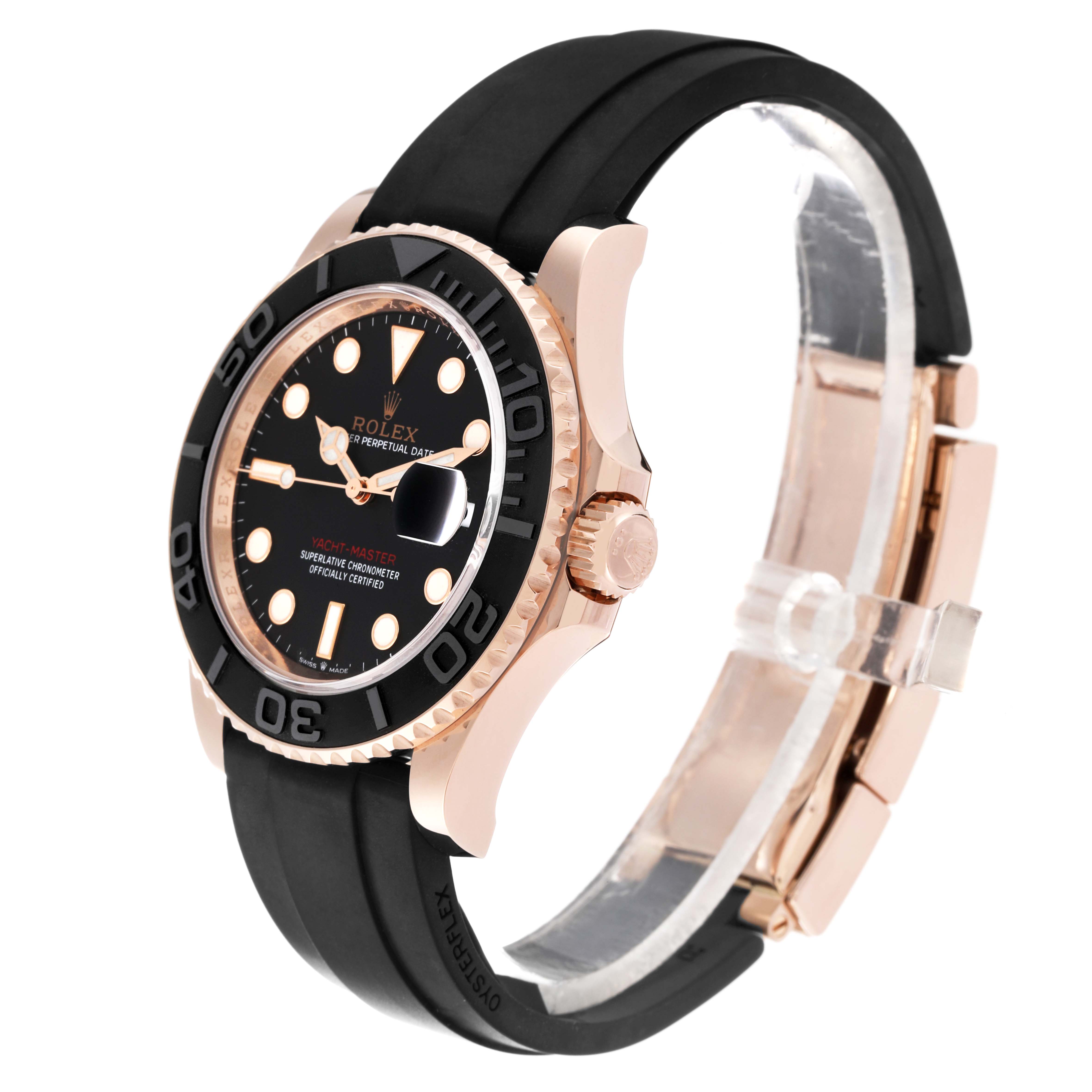 This Rolex Yacht-Master 126655 Men's Rose Gold Black Dial 126655 Men's Rose Gold Black Dial watch is shown from an angled side view, displaying the face, bezel, crown, and black rubber strap.