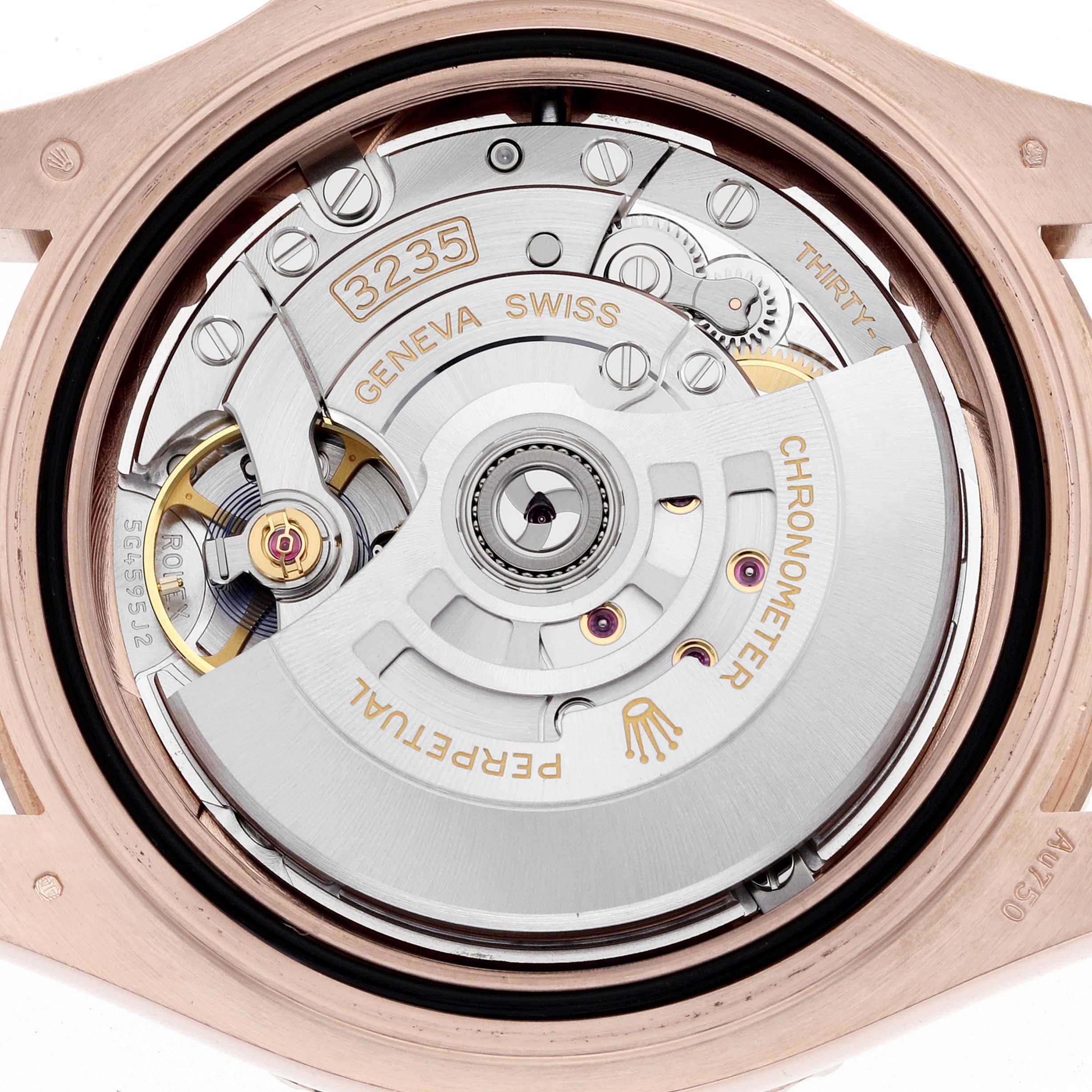 This image shows the open case back of a Rolex Yacht-Master 126655 Men's Rose Gold Black Dial 126655 Men's Rose Gold Black Dial watch, revealing its intricate 3235 movement mechanism.