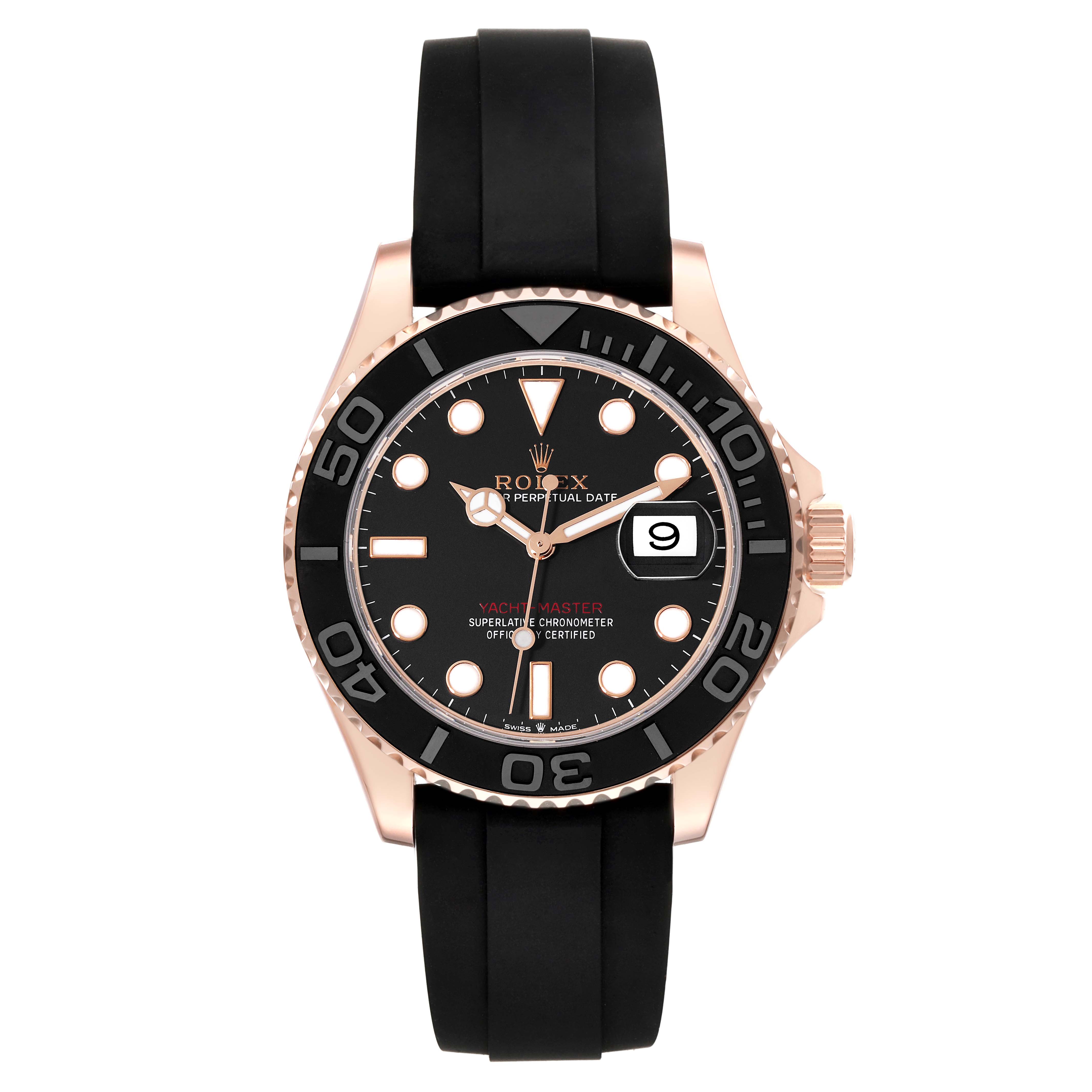 This Rolex Yacht-Master 126655 Men's Rose Gold Black Dial 126655 Men's Rose Gold Black Dial watch is shown from the front, highlighting its face, bezel, and black rubber strap.
