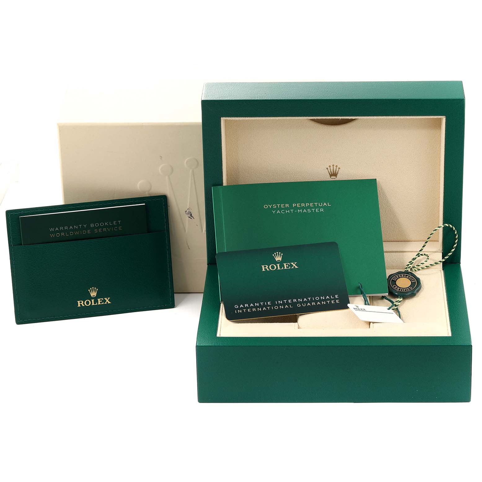 The image shows the Rolex Yacht-Master 126655 Men's Rose Gold Black Dial 126655 Men's Rose Gold Black Dial watch packaging, including the box, guarantee card, booklet, and warranty booklet.