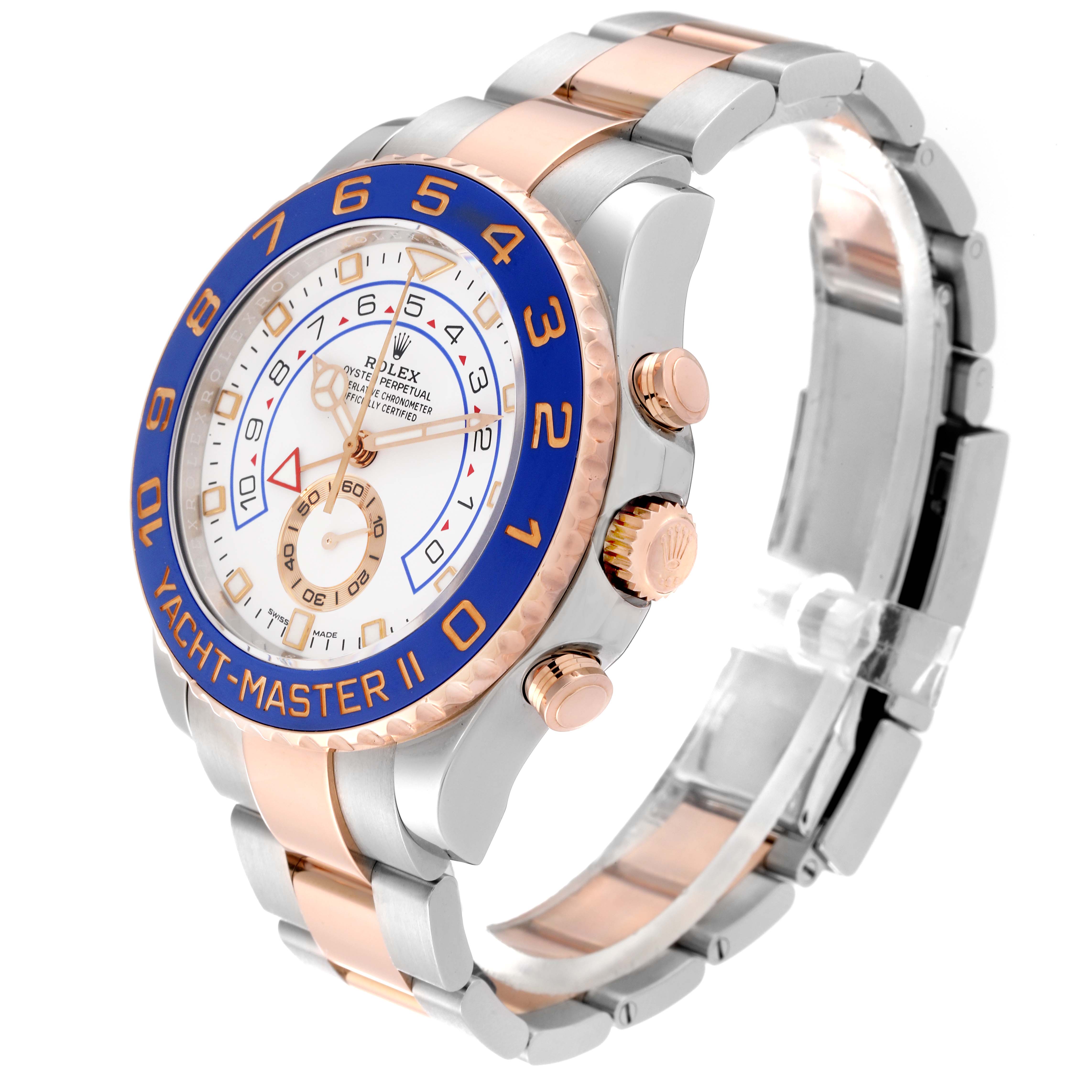 The image shows a Rolex Yacht-Master 116681 Men's Steel and Gold (two tone) White Dial 116681 Men's Steel and Gold (two tone) White Dial II watch at a 3/4 angle, highlighting the face, bezel, and part of the bracelet.