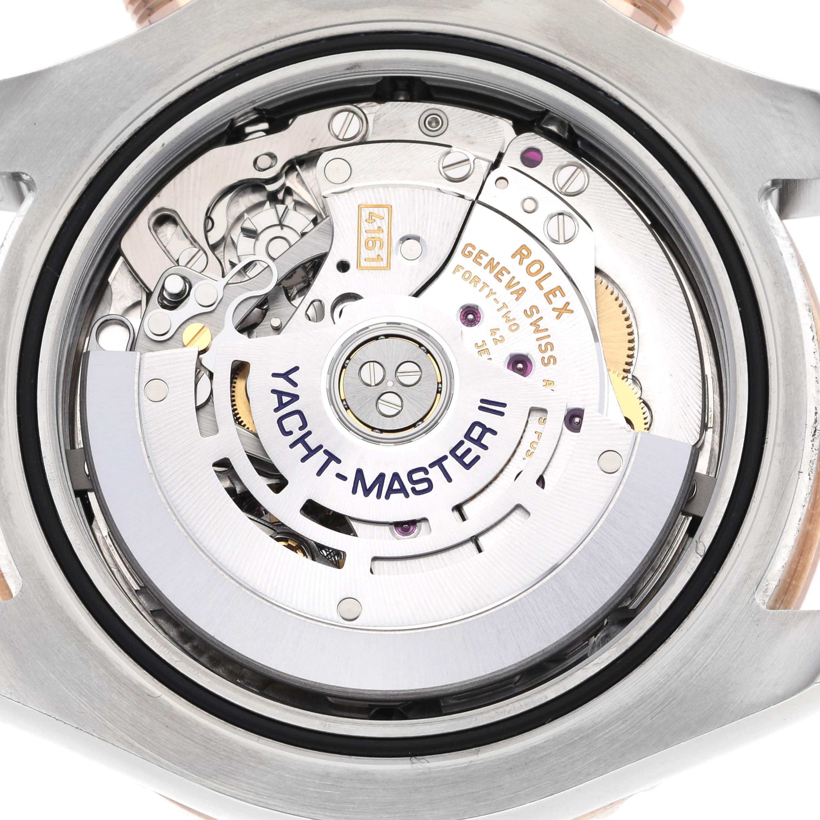 This image shows the internal mechanism of a Rolex Yacht-Master 116681 Men's Steel and Gold (two tone) White Dial 116681 Men's Steel and Gold (two tone) White Dial II watch, viewed from a rear angle.