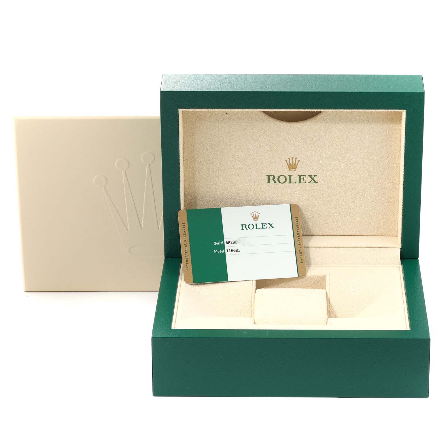 The image shows the open box and authenticity card of the Rolex Yacht-Master 116681 Men's Steel and Gold (two tone) White Dial 116681 Men's Steel and Gold (two tone) White Dial watch model.