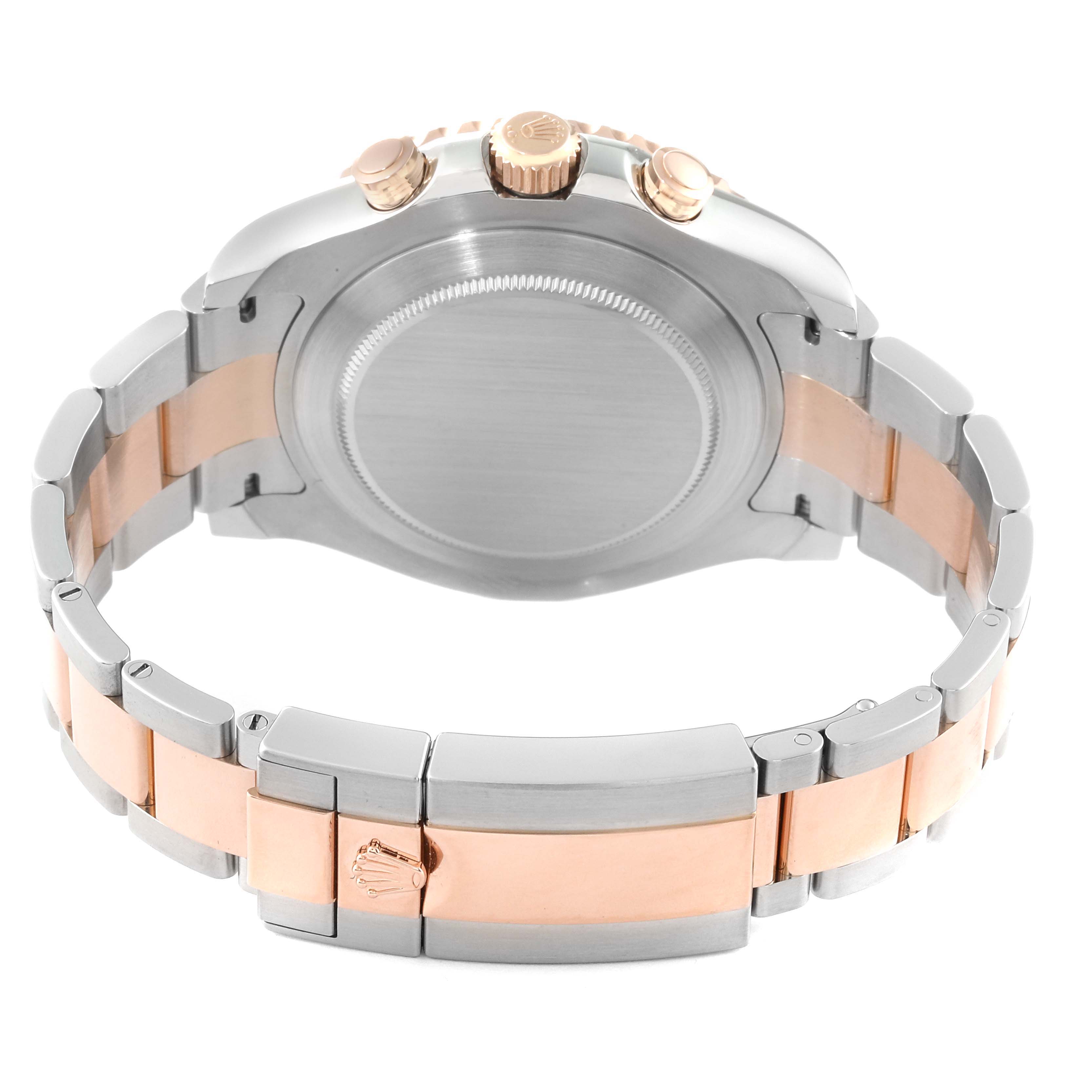 This image shows the back and strap of a Rolex Yacht-Master 116681 Men's Steel and Gold (two tone) White Dial 116681 Men's Steel and Gold (two tone) White Dial watch, highlighting the clasp and crown from a rear angle.