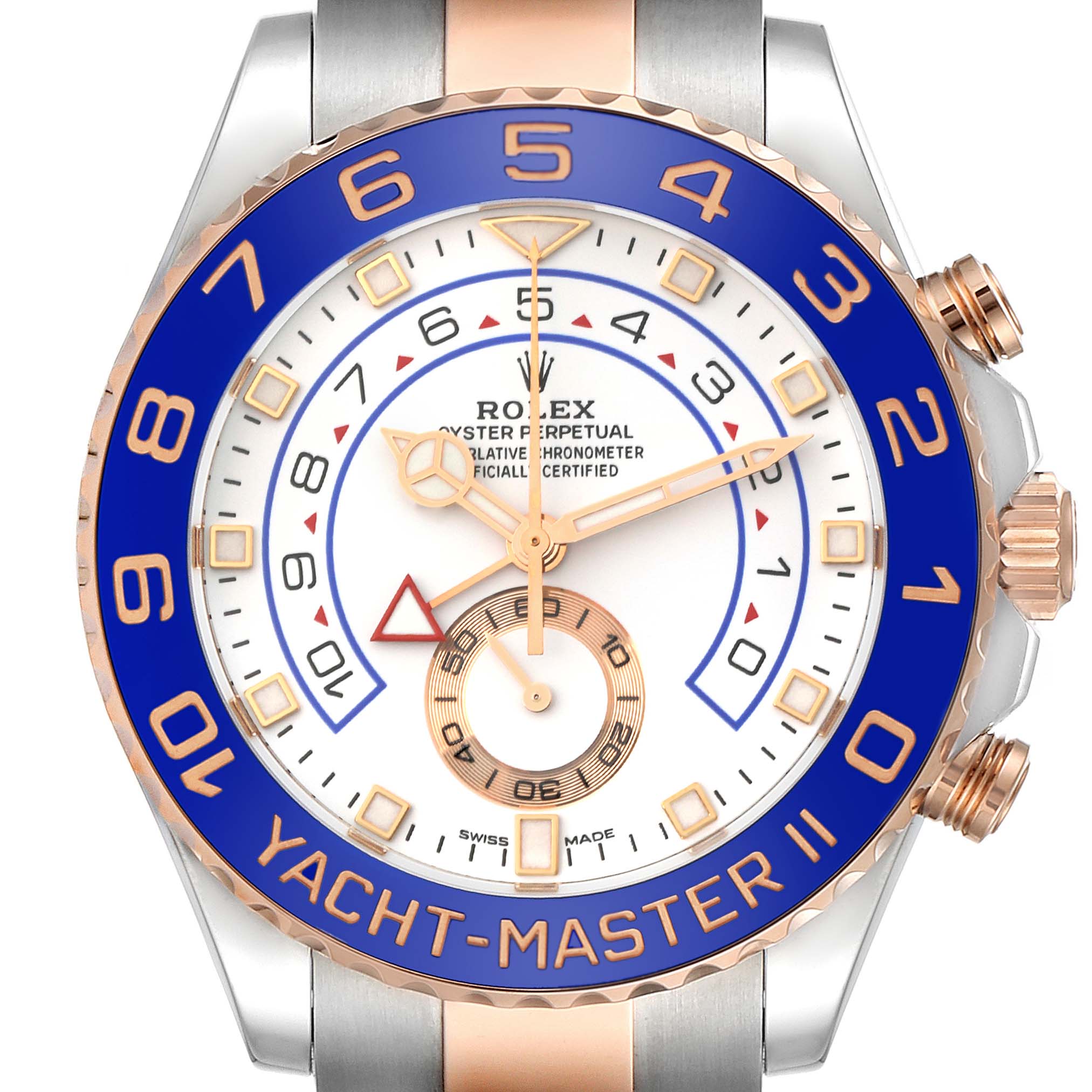 This image is a front view of a Rolex Yacht-Master 116681 Men's Steel and Gold (two tone) White Dial 116681 Men's Steel and Gold (two tone) White Dial II watch, showcasing its dial, bezel, and crown.