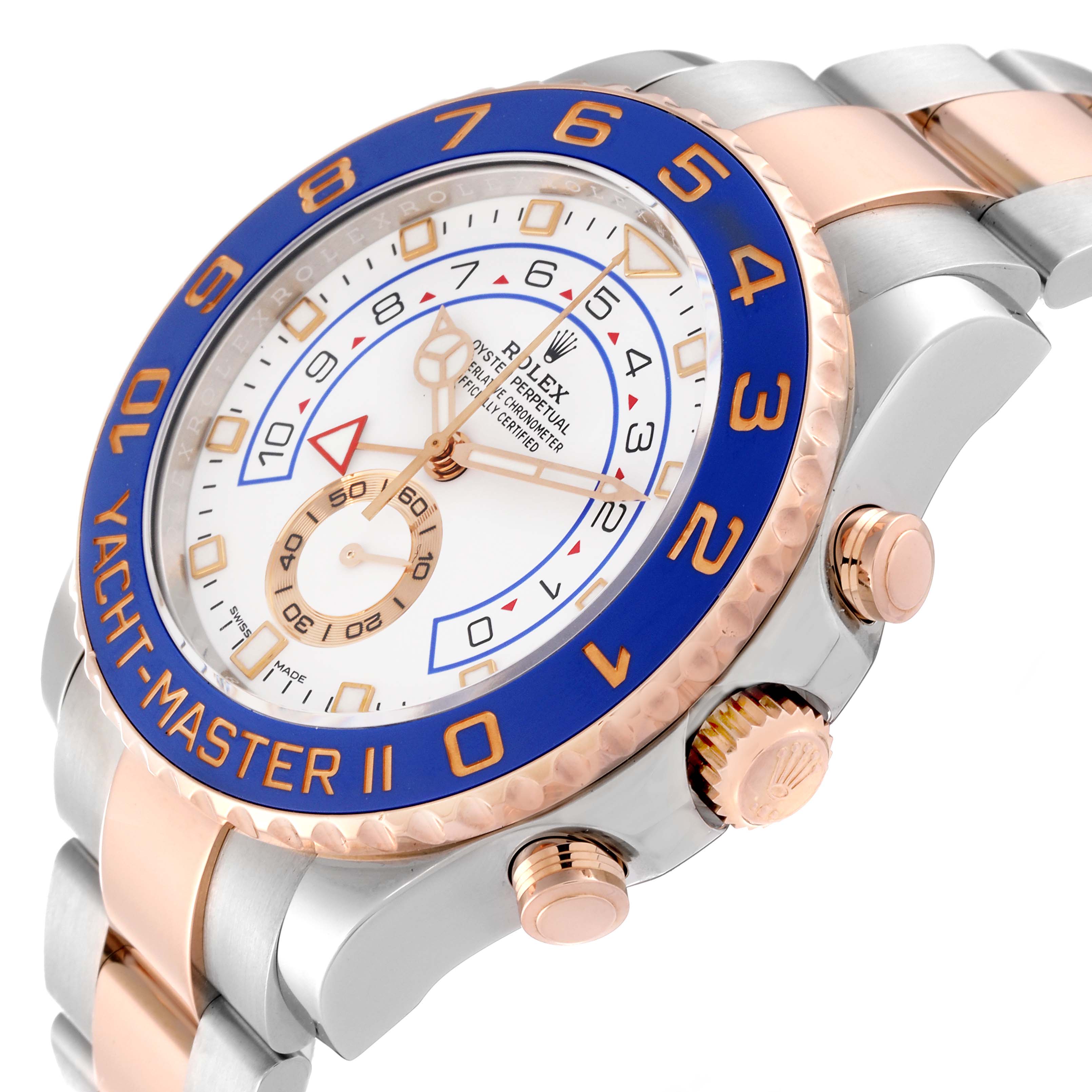 The Rolex Yacht-Master 116681 Men's Steel and Gold (two tone) White Dial 116681 Men's Steel and Gold (two tone) White Dial watch is shown at a side angle, featuring its face, bezel, crown, pushers, and part of the wristband.