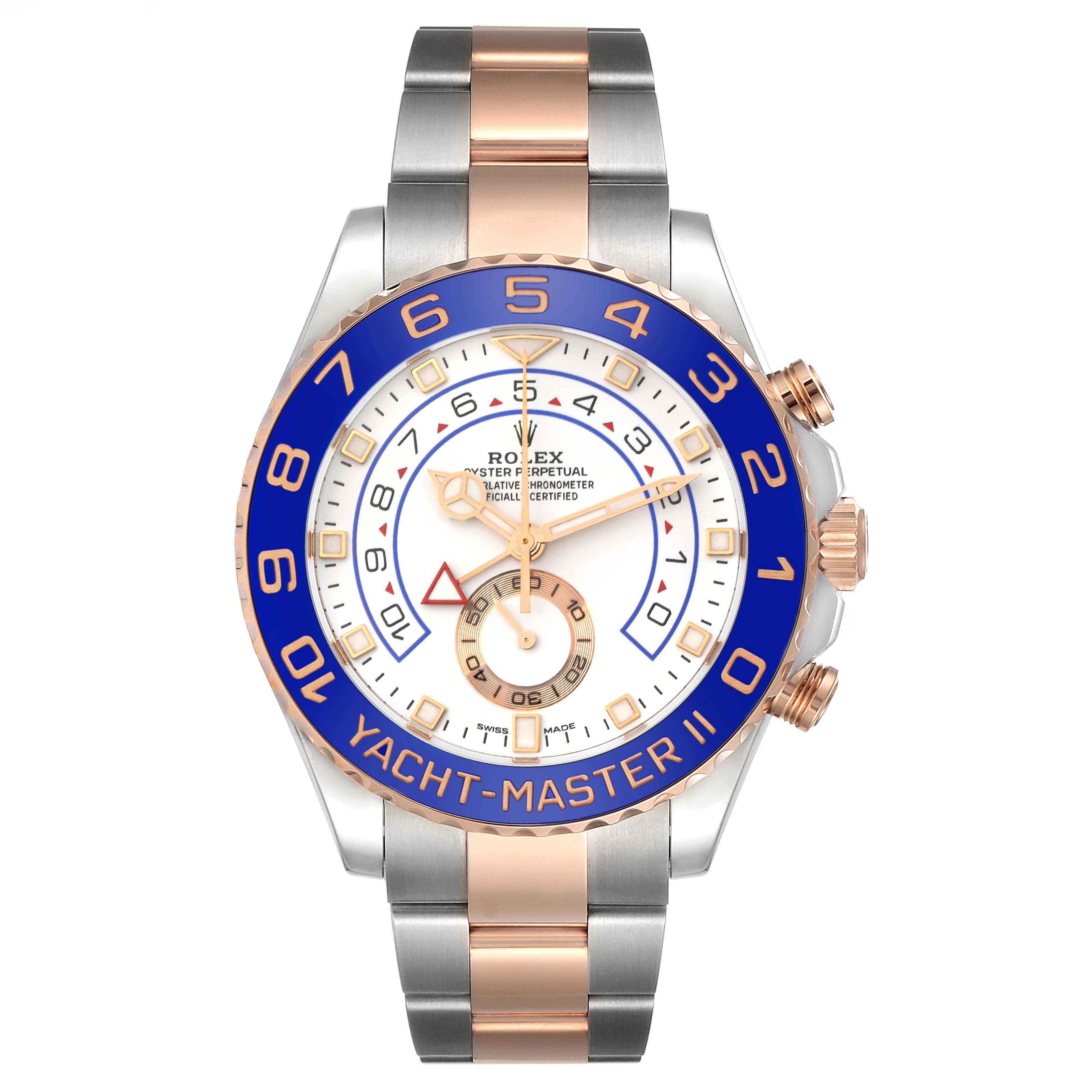 This image shows a front view of the Rolex Yacht-Master 116681 Men's Steel and Gold (two tone) White Dial 116681 Men's Steel and Gold (two tone) White Dial II watch, highlighting the face, bezel, and bracelet.