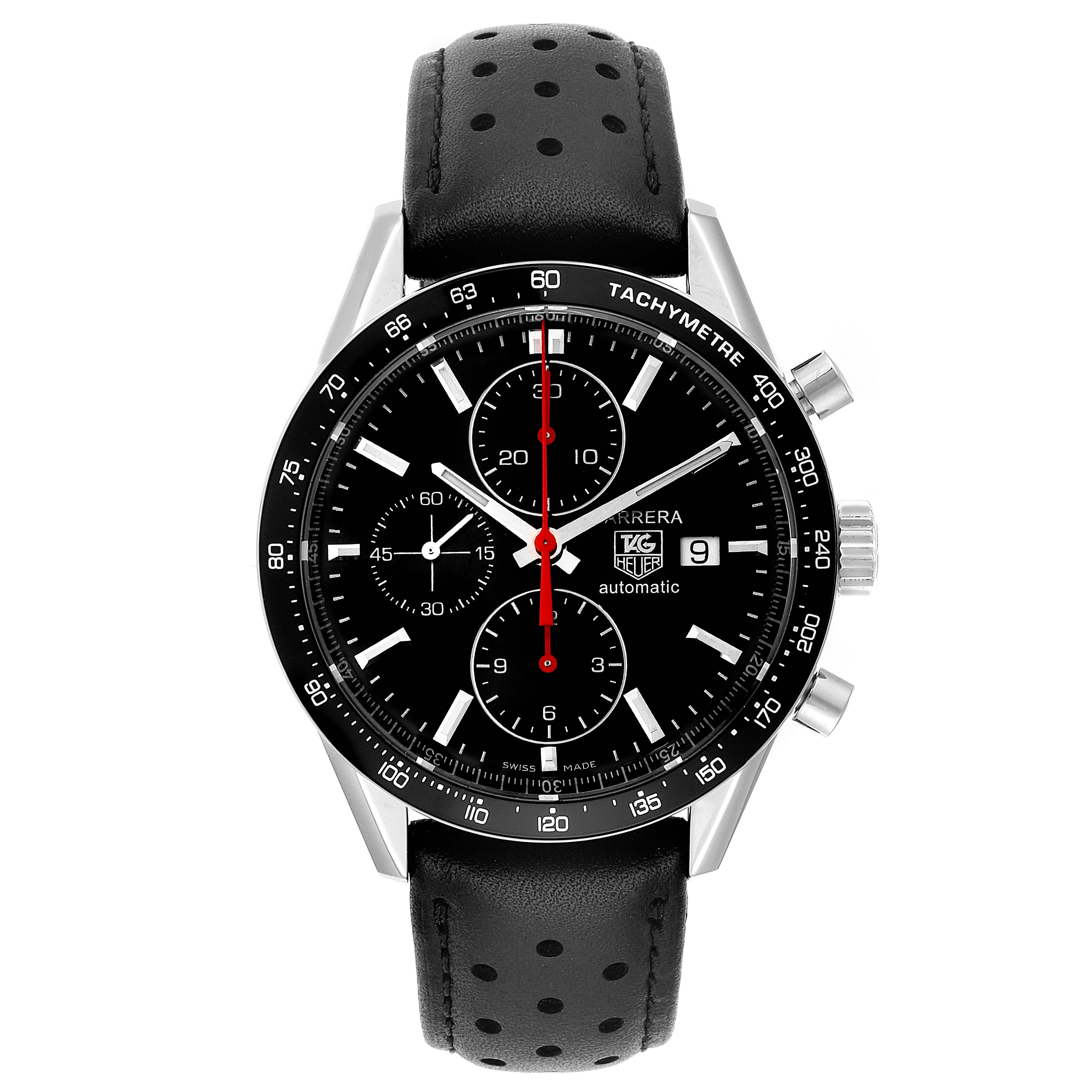 The image shows a front view of the Tag Heuer Carrera CV2014.FC6233 Men
s Stainless Steel Black Dial CV2014.FC6233 Men
s Stainless Steel Black Dial watch, displaying the dial, bezel, and leather strap.