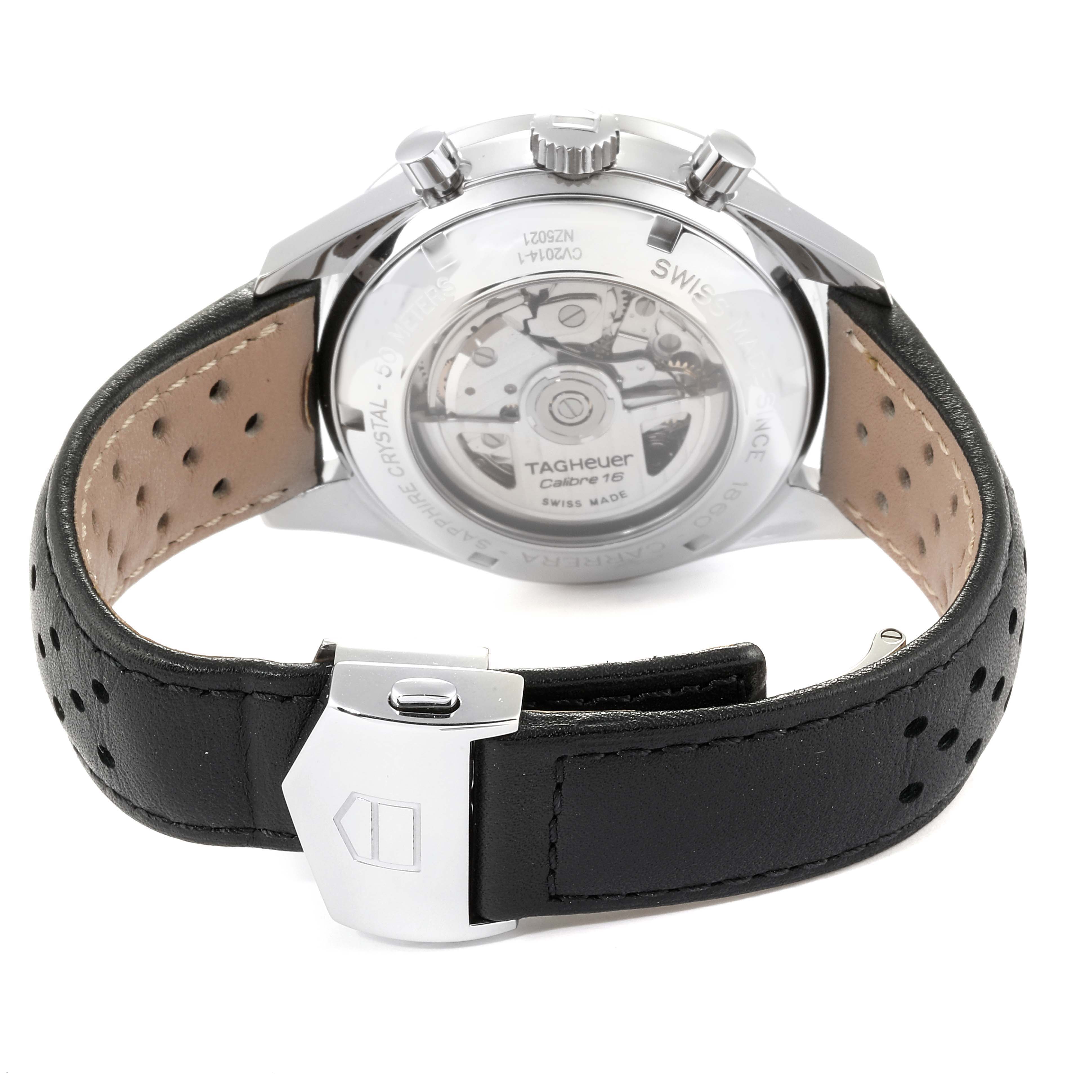 The image shows the back view of a Tag Heuer Carrera CV2014.FC6233 Men
s Stainless Steel Black Dial CV2014.FC6233 Men
s Stainless Steel Black Dial watch, focusing on the transparent case back and leather strap.