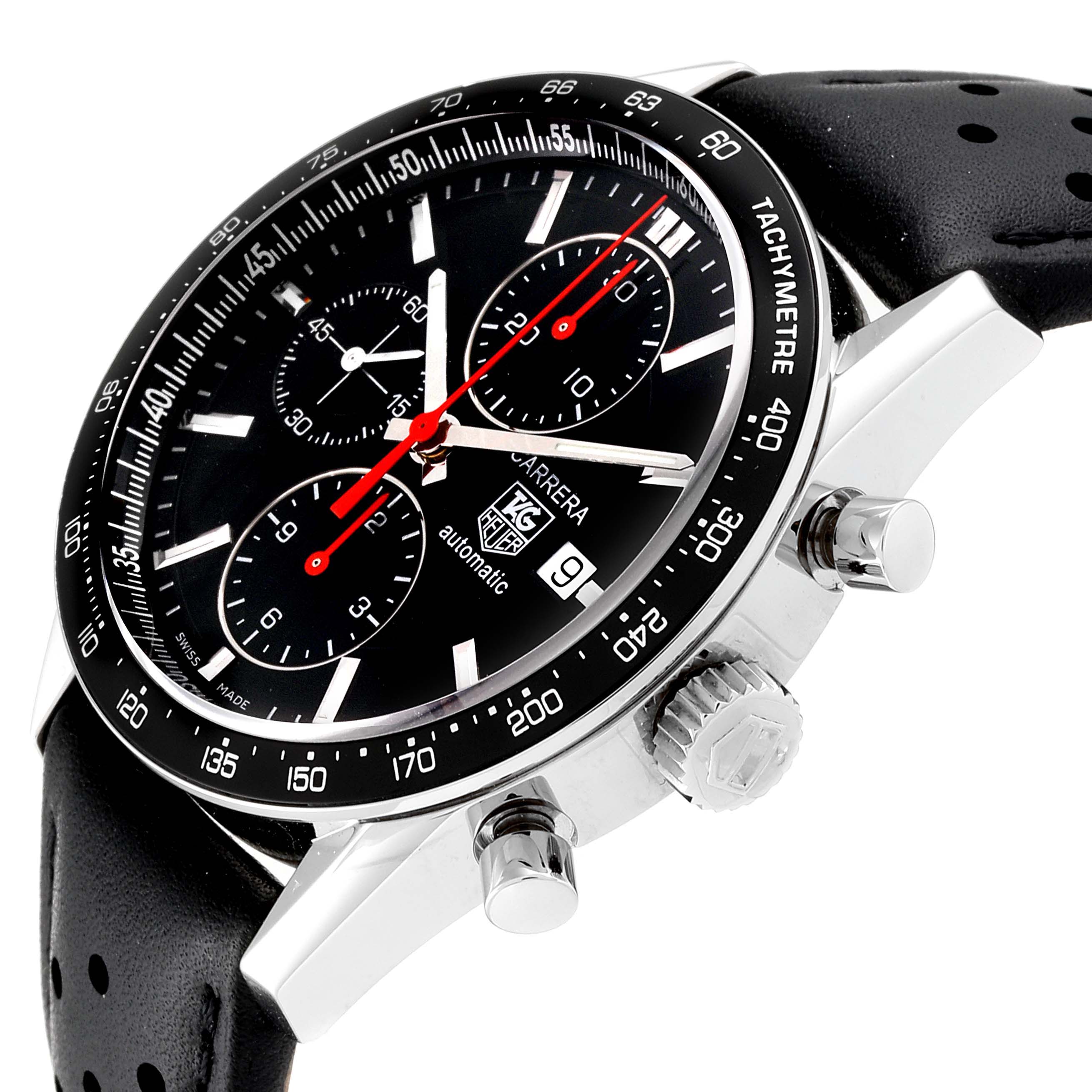 This Tag Heuer Carrera CV2014.FC6233 Men
s Stainless Steel Black Dial CV2014.FC6233 Men
s Stainless Steel Black Dial watch is shown at an angled side view, highlighting the dial, tachymeter bezel, chronograph subdials, and pushers.