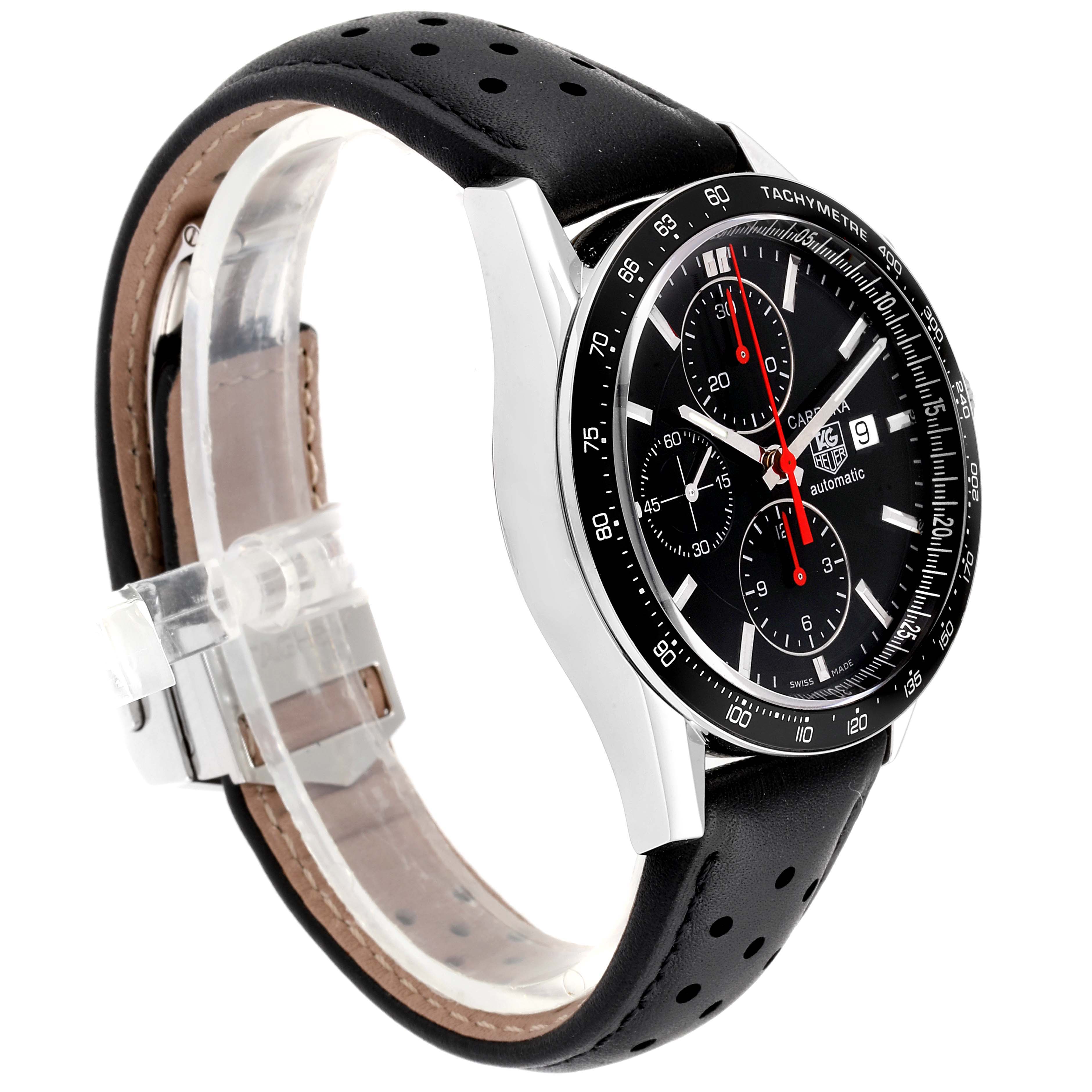 The image shows a side view of the Tag Heuer Carrera CV2014.FC6233 Men
s Stainless Steel Black Dial CV2014.FC6233 Men
s Stainless Steel Black Dial watch with a black leather strap and tachymeter bezel.